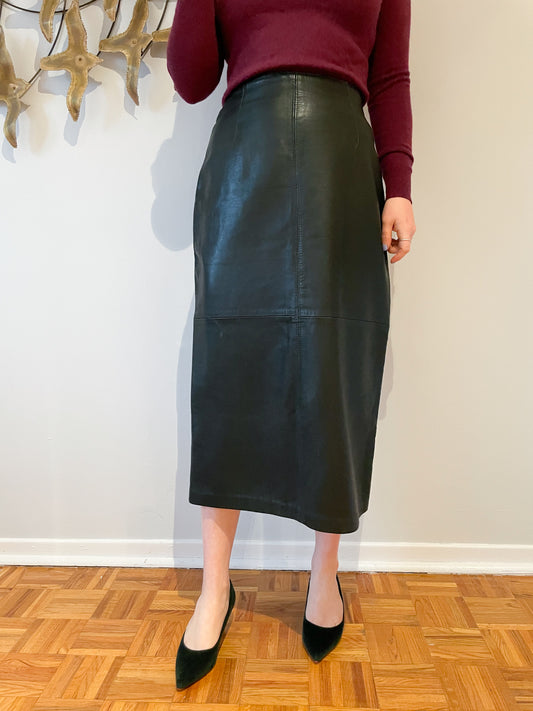 Forest Green Leather Pencil Straight Midi Skirt - Small