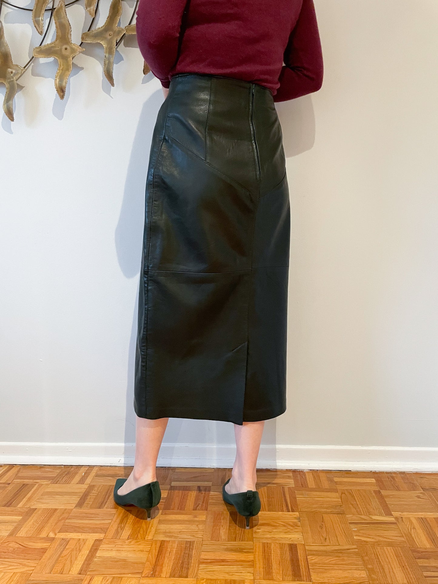 Forest Green Leather Pencil Straight Midi Skirt - Small