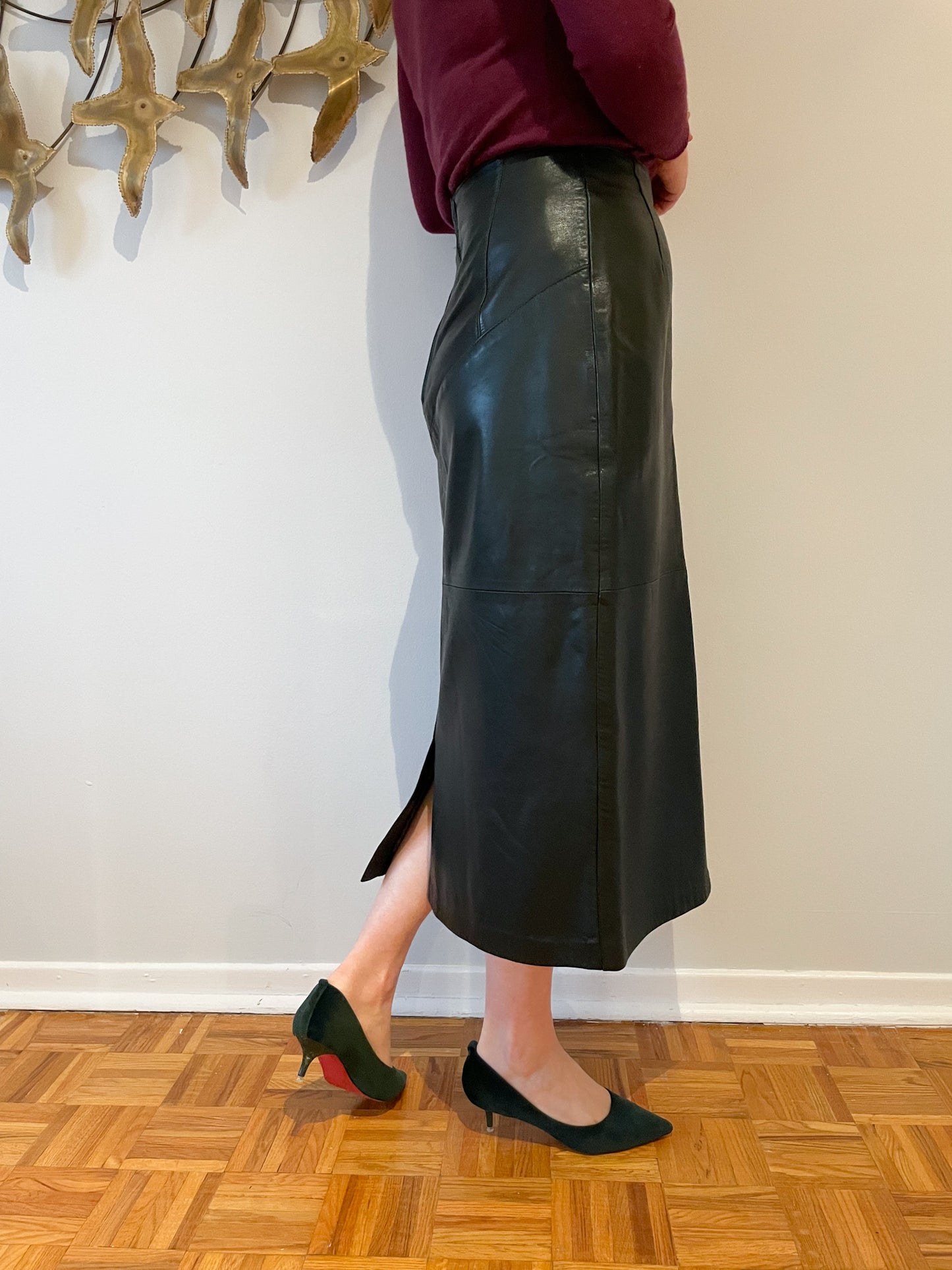 Forest Green Leather Pencil Straight Midi Skirt - Small