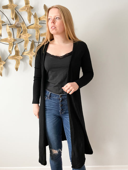 TAHARI Black 100% Extrafine Merino Wool Long Open Cardigan Sweater - S/M