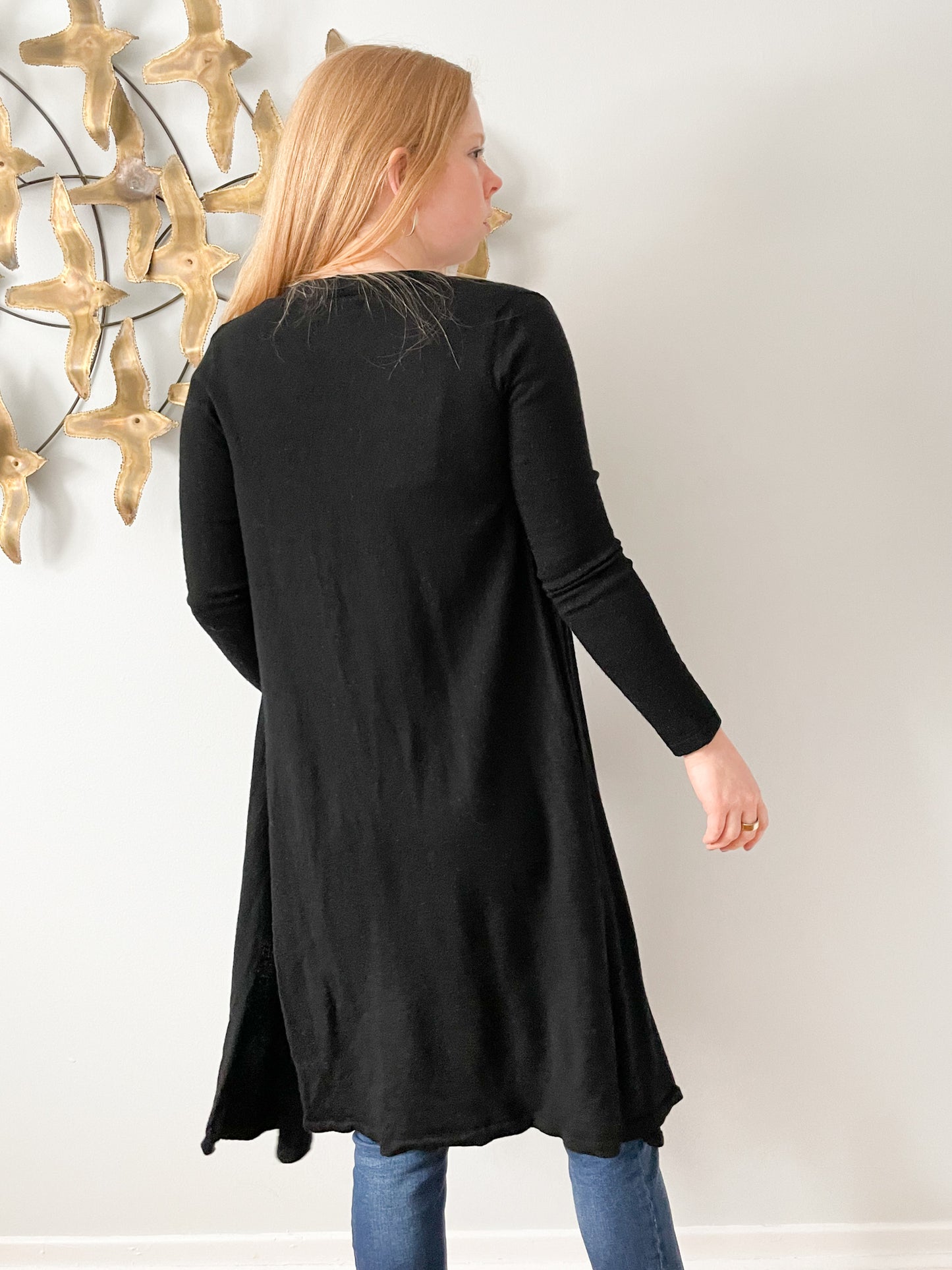 TAHARI Black 100% Extrafine Merino Wool Long Open Cardigan Sweater - S/M