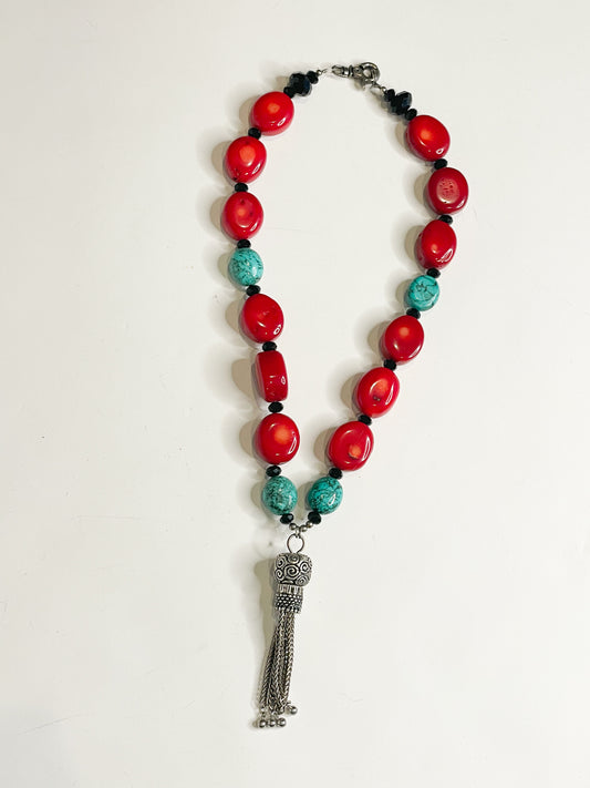 Turquoise Red Stone Chain Tassel Necklace