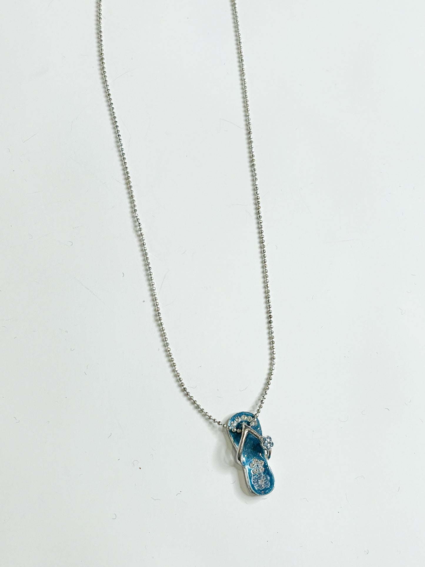 Blue Enamel Sparkle Retro Flower Flip Flop Charm Necklace