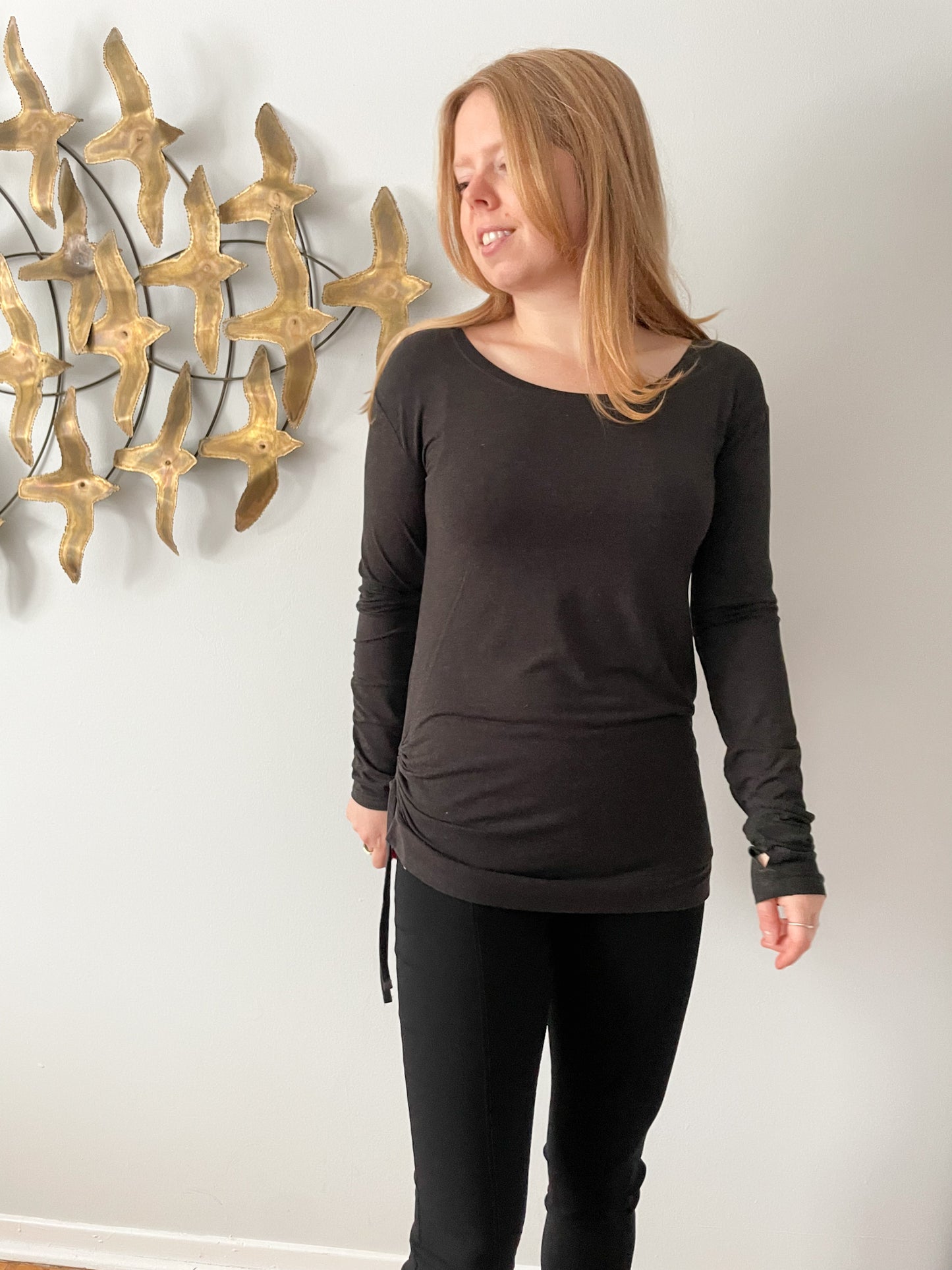 Charcoal Grey Jersey Stretch Gathered Long Sleeve Top - S/M