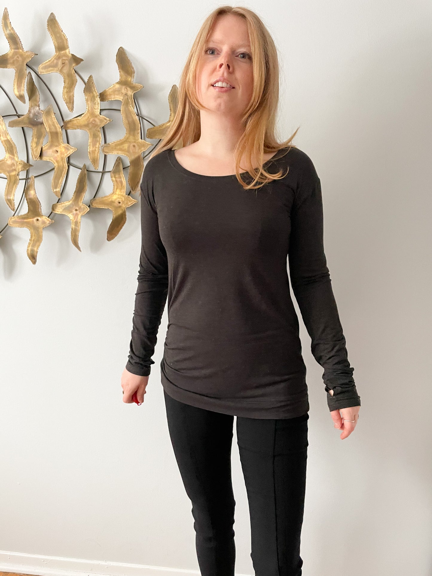 Charcoal Grey Jersey Stretch Gathered Long Sleeve Top - S/M