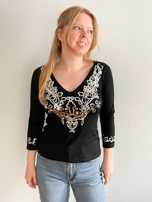 Ninety Black Silver Sequin V-Neck 3/4 Sleeve Top - M/L