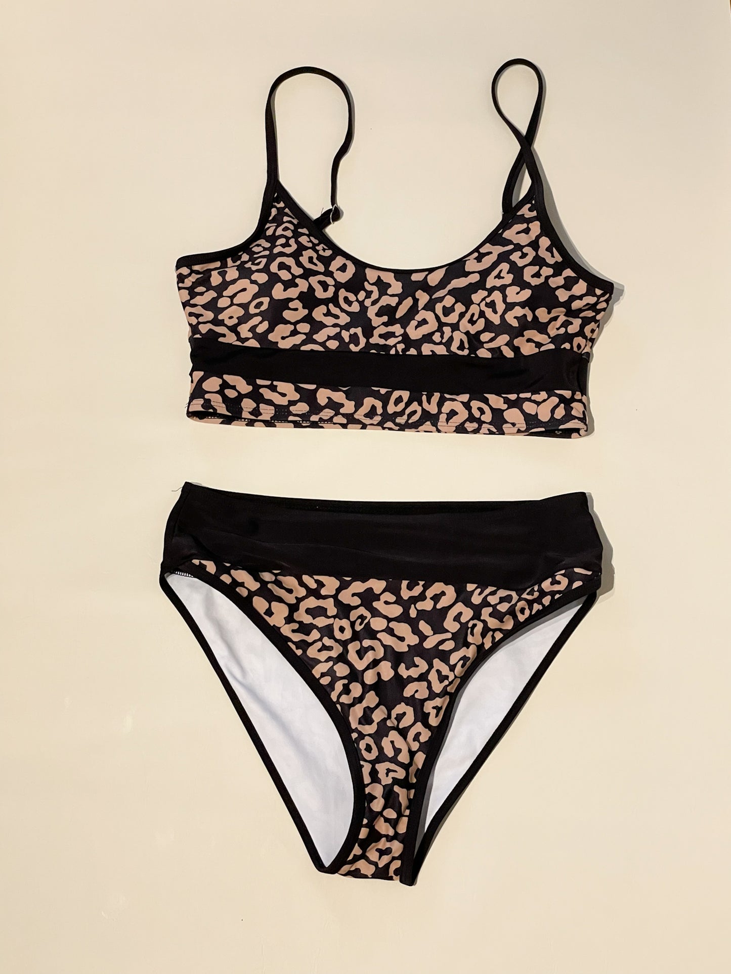 Black Taupe Leopard Print High Rise Two Piece Bikini Set - Medium