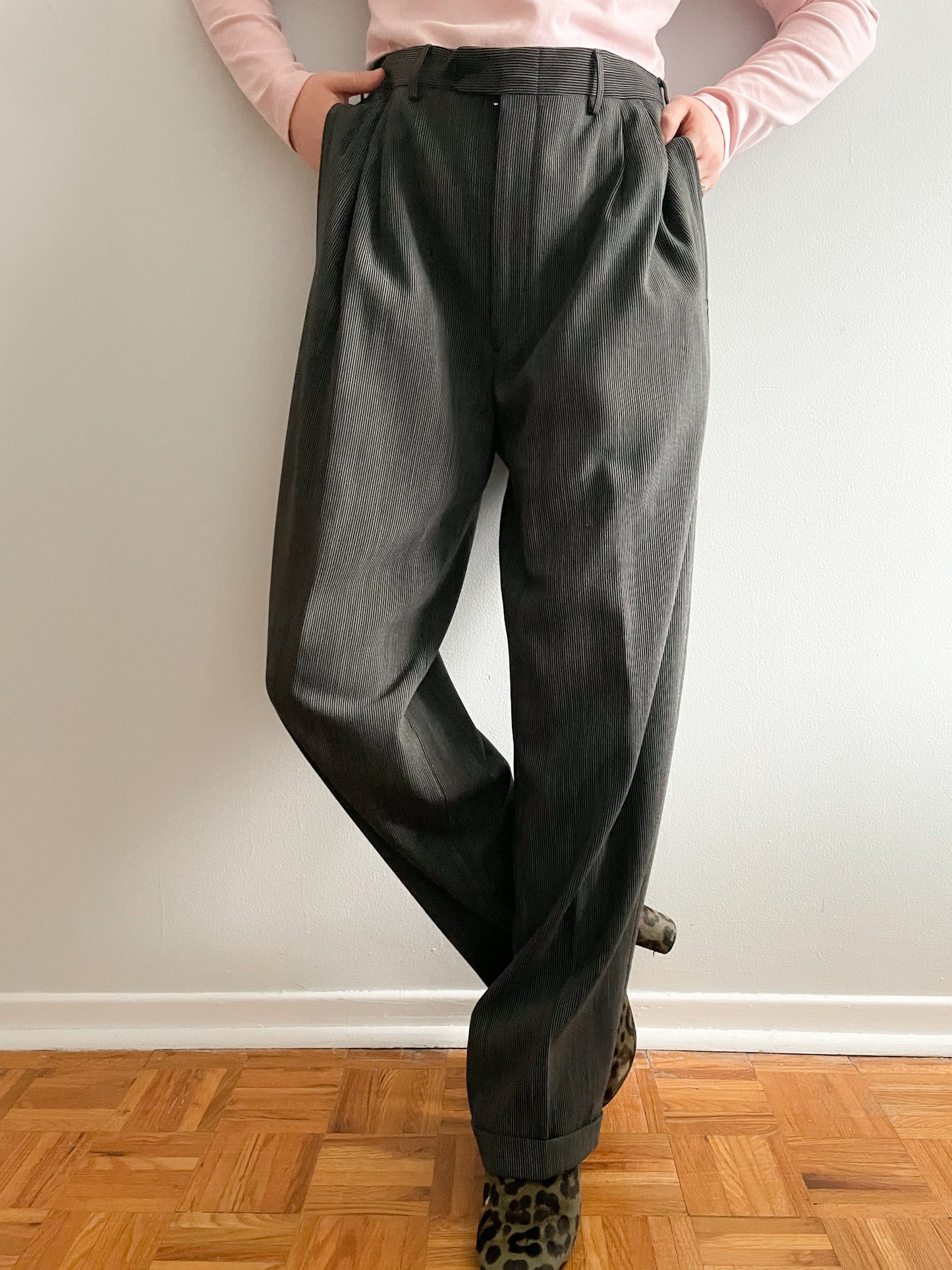 Gian Marco Venturi Grey Pinstripe High Rise Wool Wide Leg Trouser Pants - Large