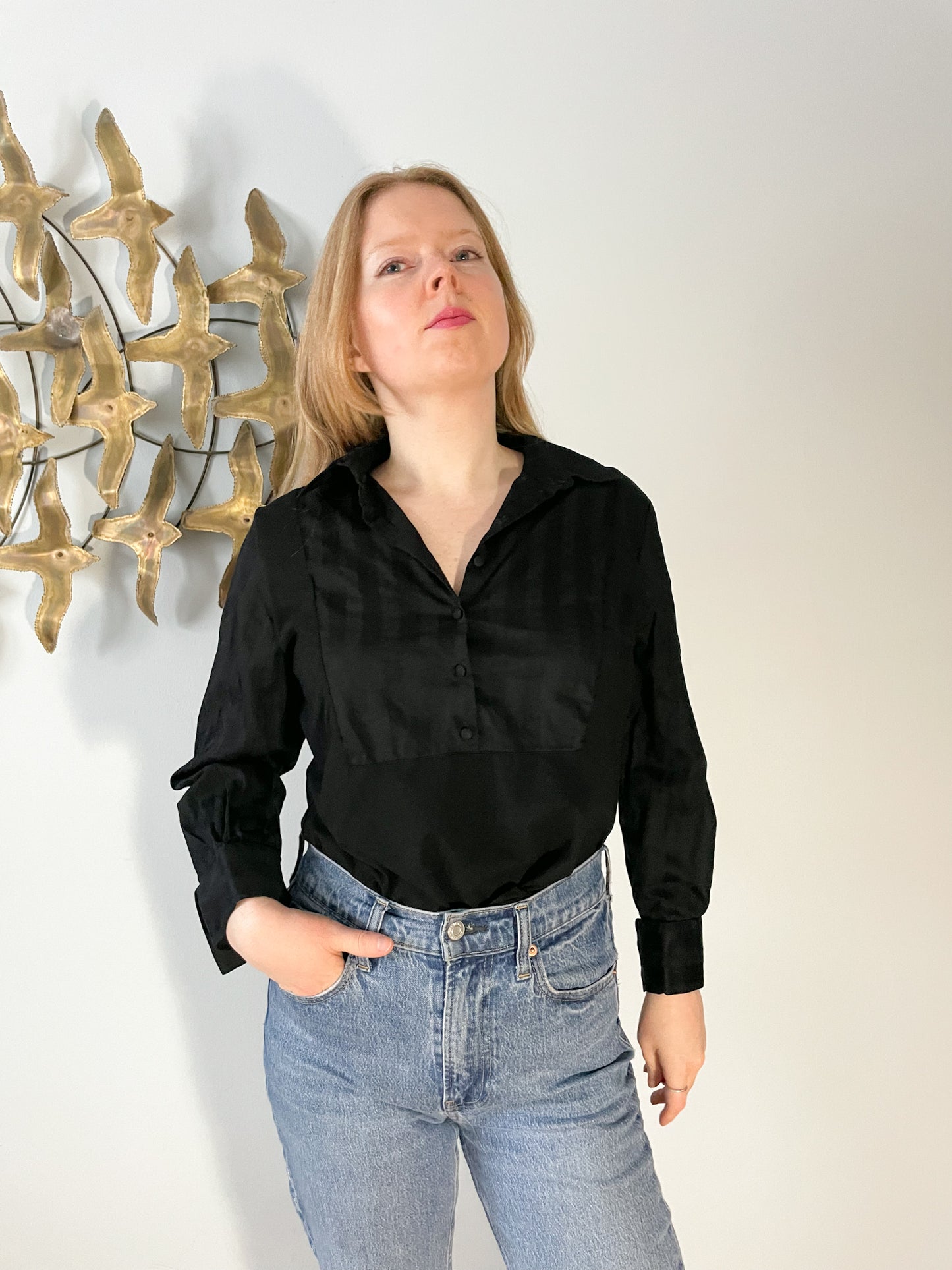 Anne Fontaine Paris Black Pima Cotton Collar Shirt - Size 12