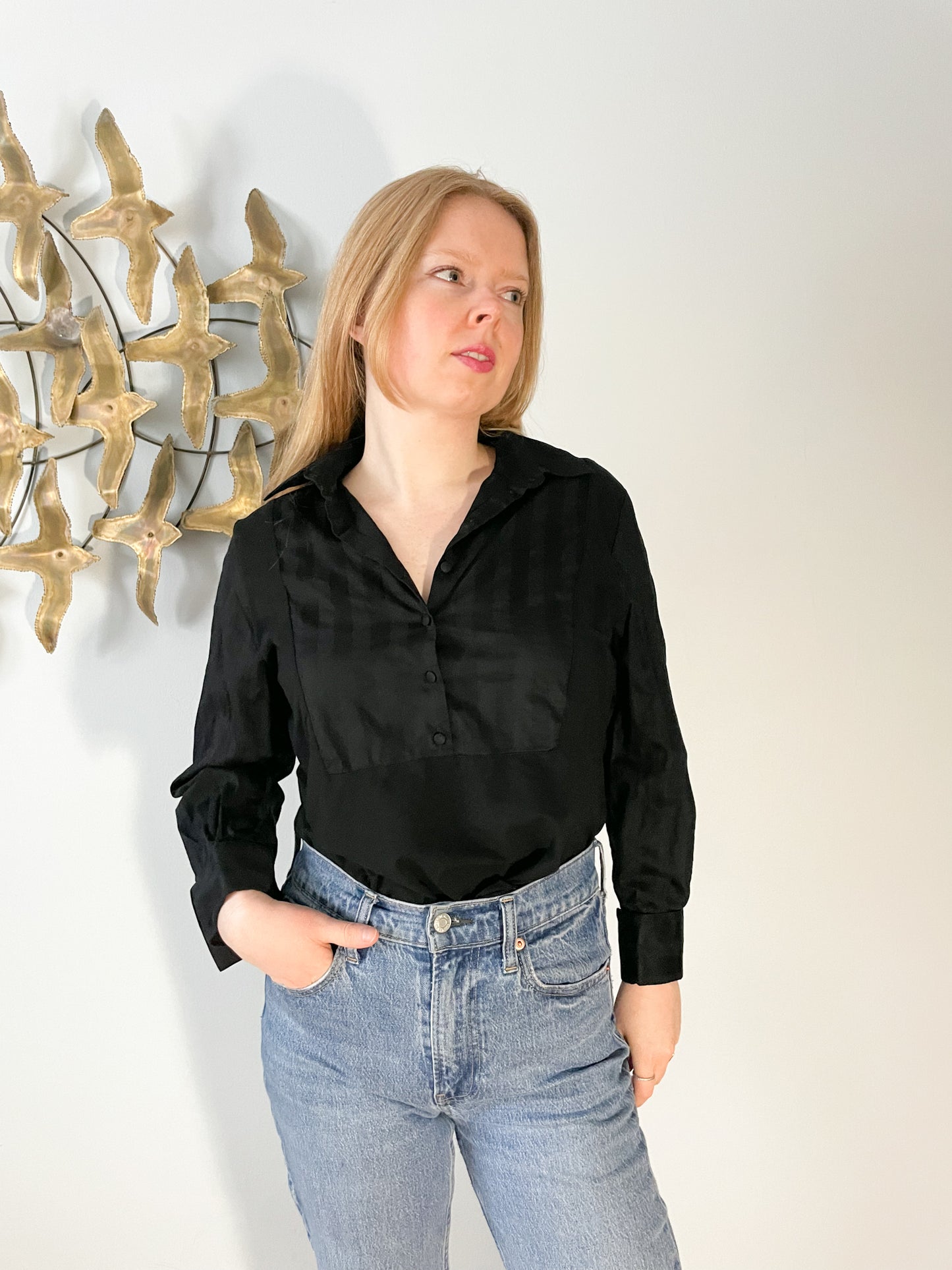 Anne Fontaine Paris Black Pima Cotton Collar Shirt - Size 12