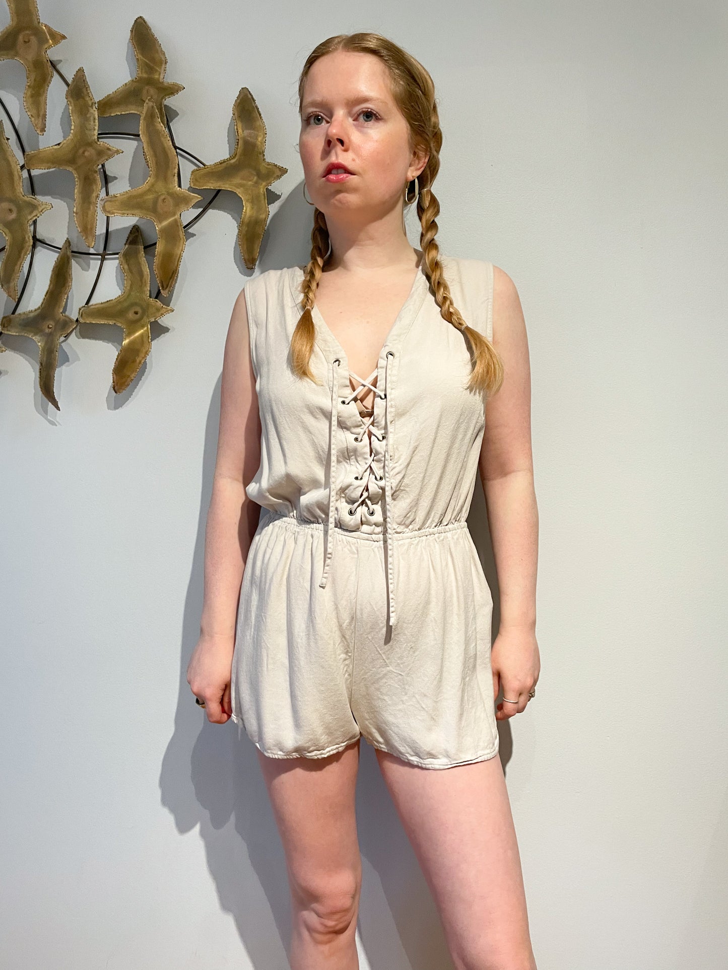 Offwhite Lace Up Front Romper - Medium