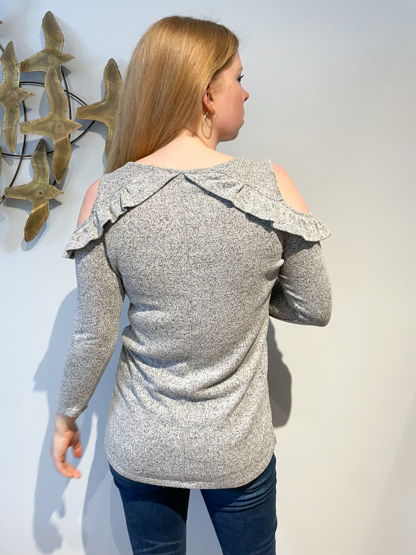 Heather Grey Ruffle Shoulder Cutout Sweater - M/L
