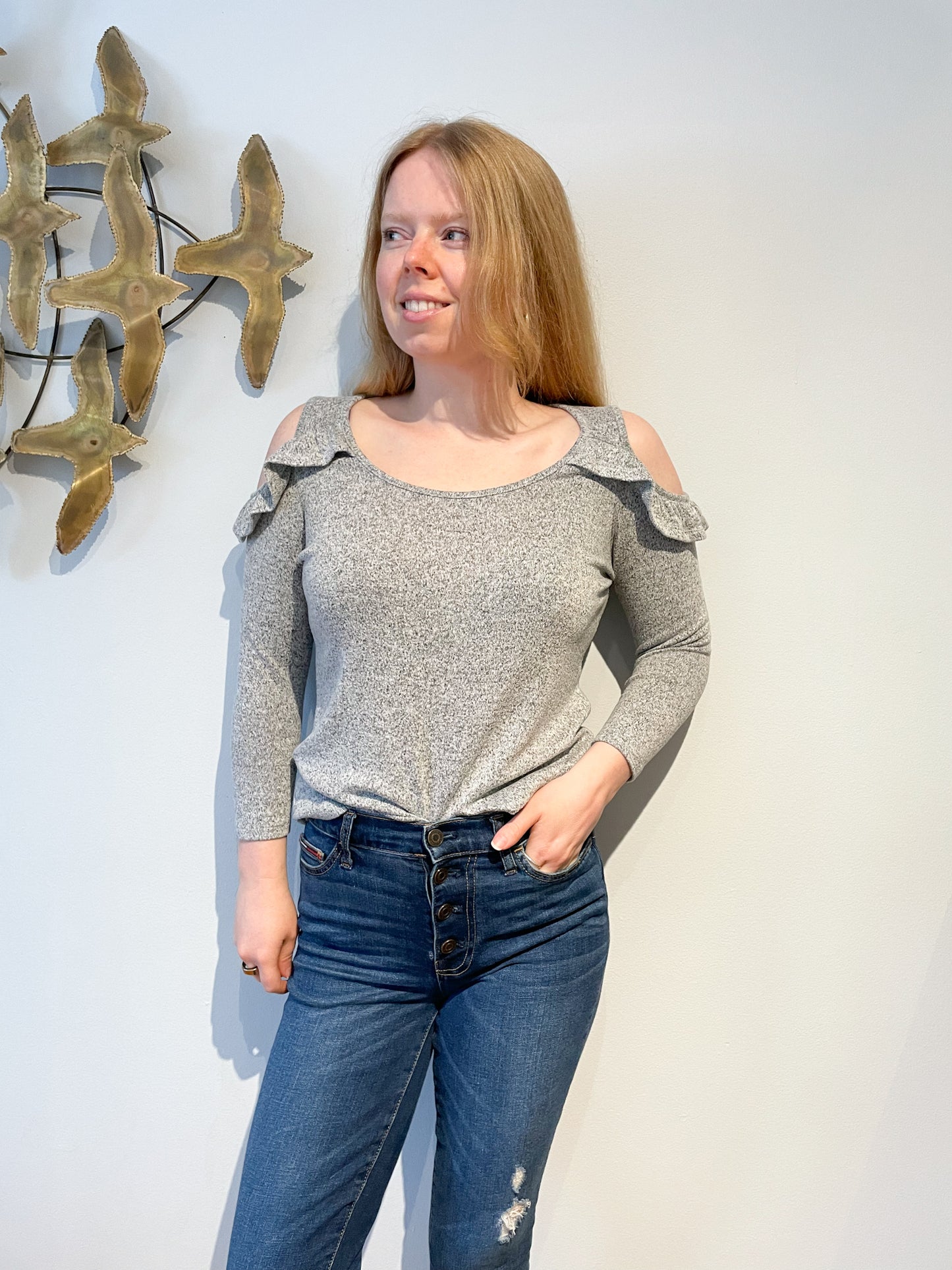 Heather Grey Ruffle Shoulder Cutout Sweater - M/L