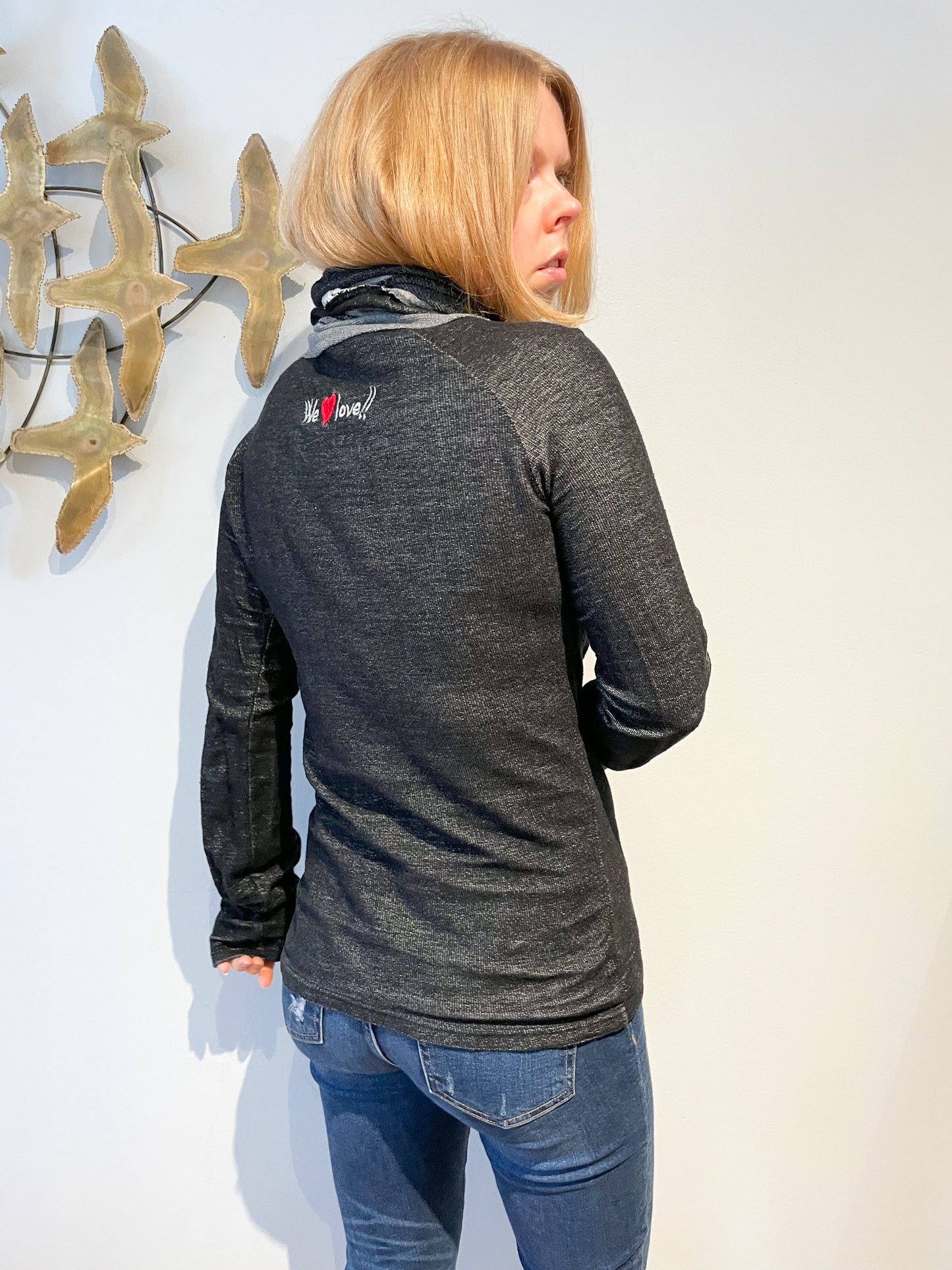Desigual Heather Charcoal Patchwork Funnel Neck Pullover Sweater - Small