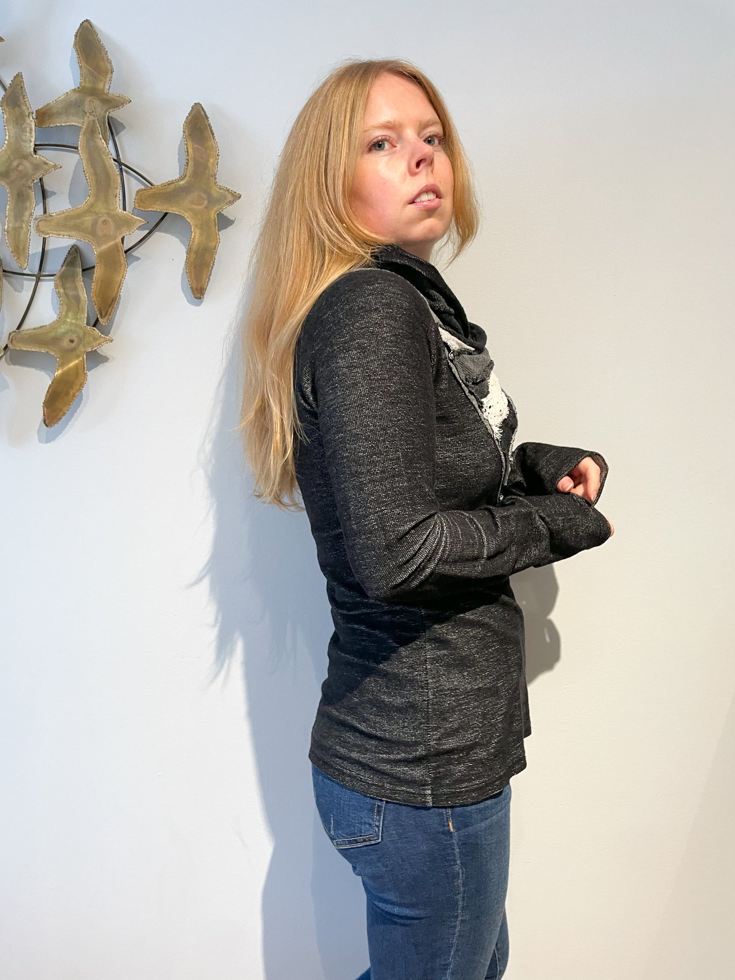 Desigual Heather Charcoal Patchwork Funnel Neck Pullover Sweater - Small