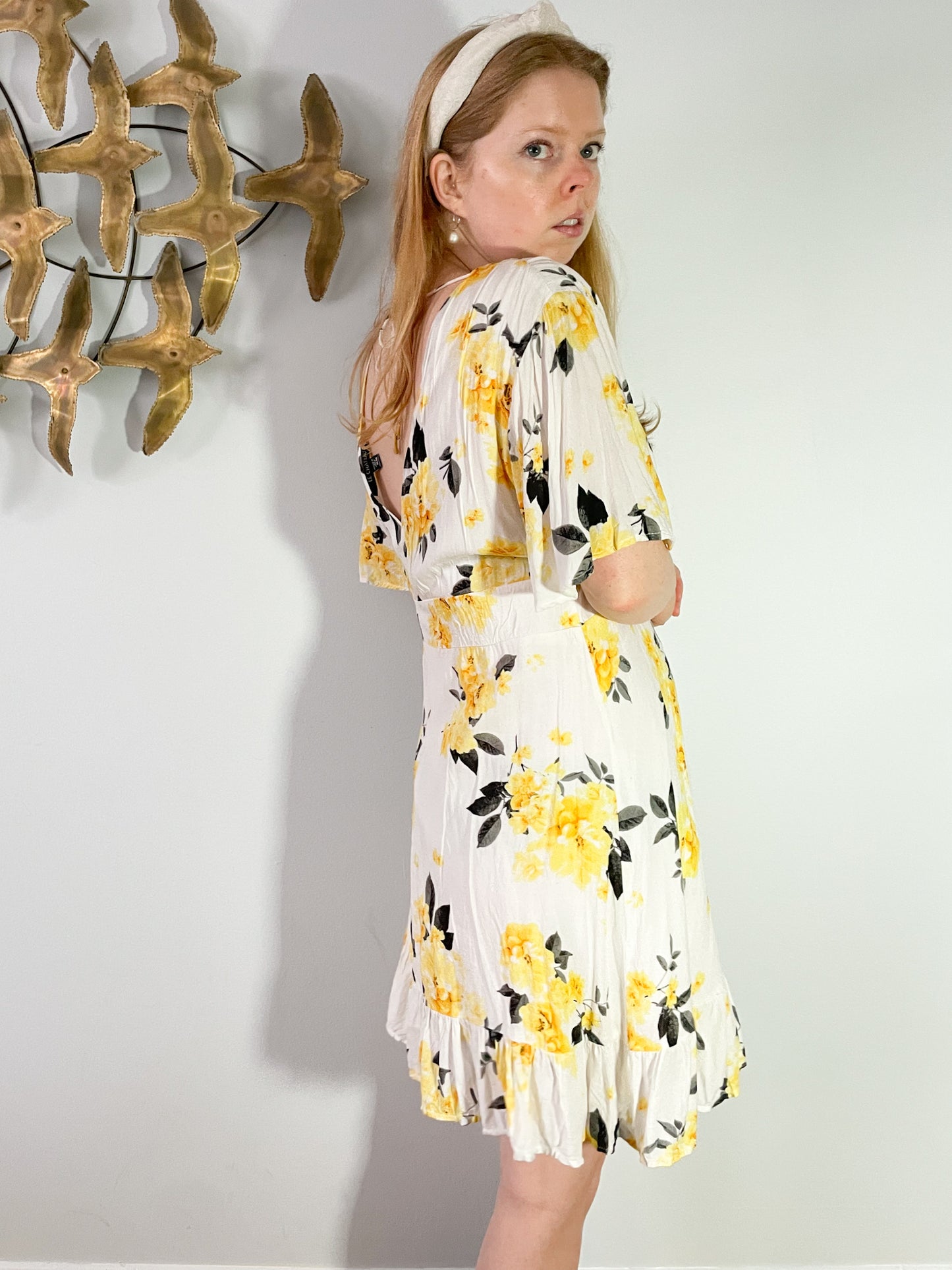 Le Chateau Yellow Floral Ruffle Sleeve Dress - Medium