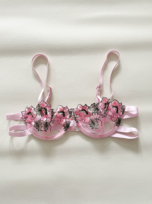 Pink Floral Sheer Lace Corset Bra Top - Small