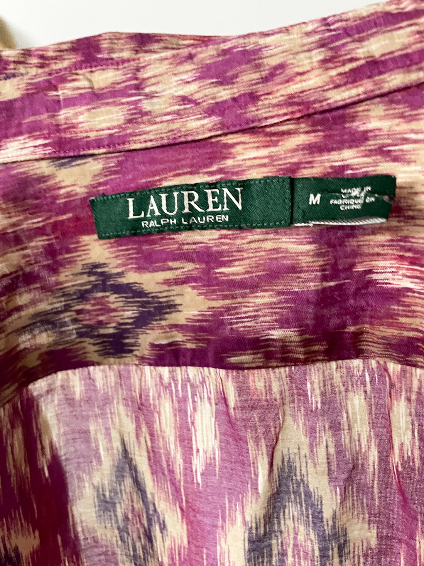 LAUREN Ralph Lauren Purple Taupe Ikat Silk Cotton Button Down - Medium