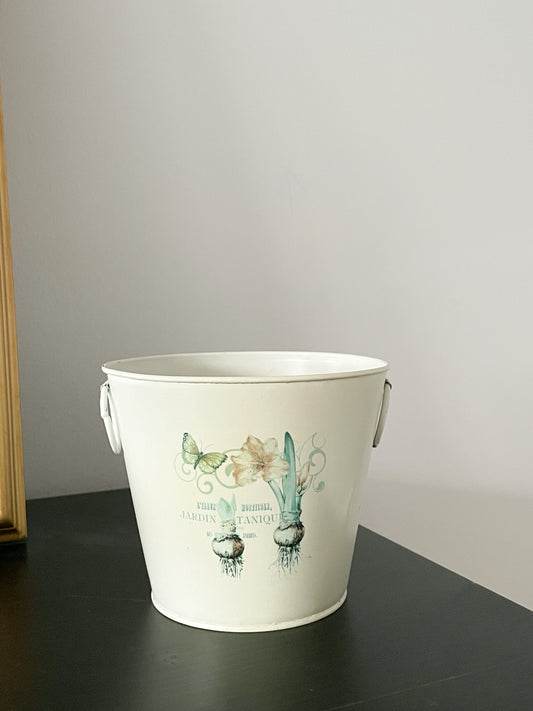 Cream Metal Jardin Plant Graphic Bucket Planter