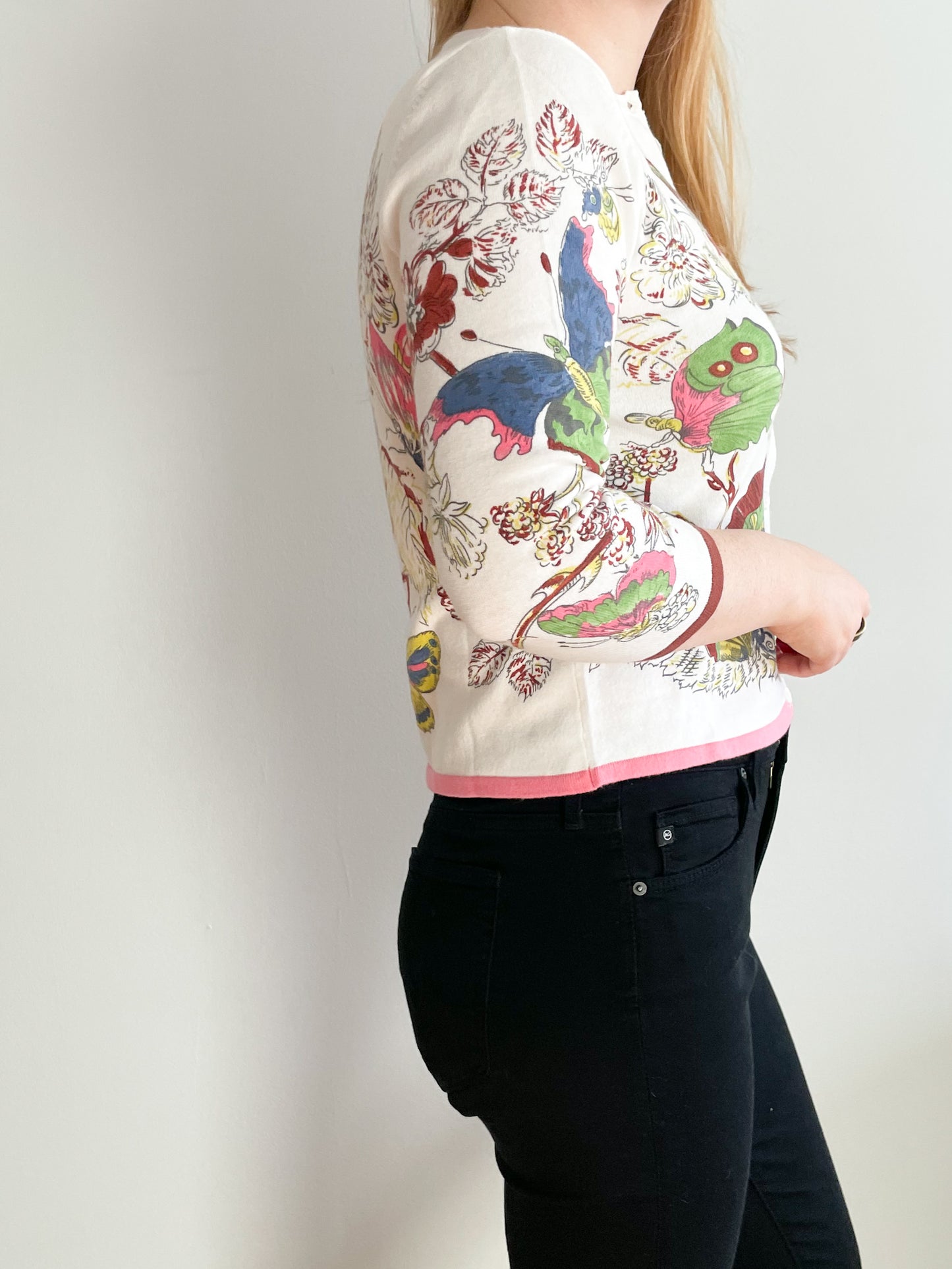 CAbi Rainbow Butterflies Cotton Blend 3/4 Sleeve Cardigan NWT- Small