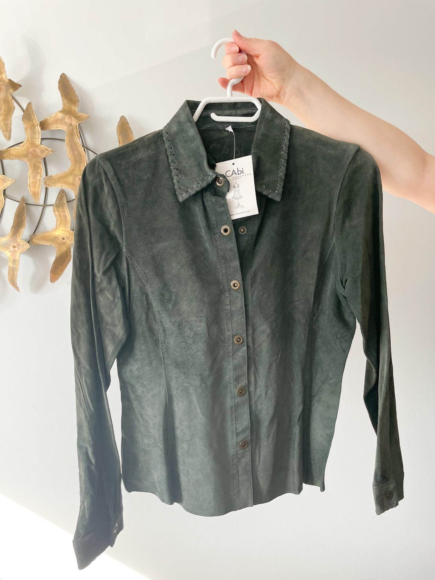Cabi Olive Green Genuine Suede Leather Button Down Shirt NWT - XS