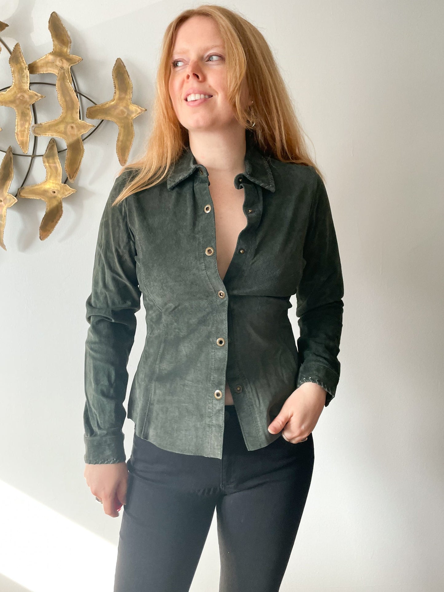 Cabi Olive Green Genuine Suede Leather Button Down Shirt Jacket NWT - XS