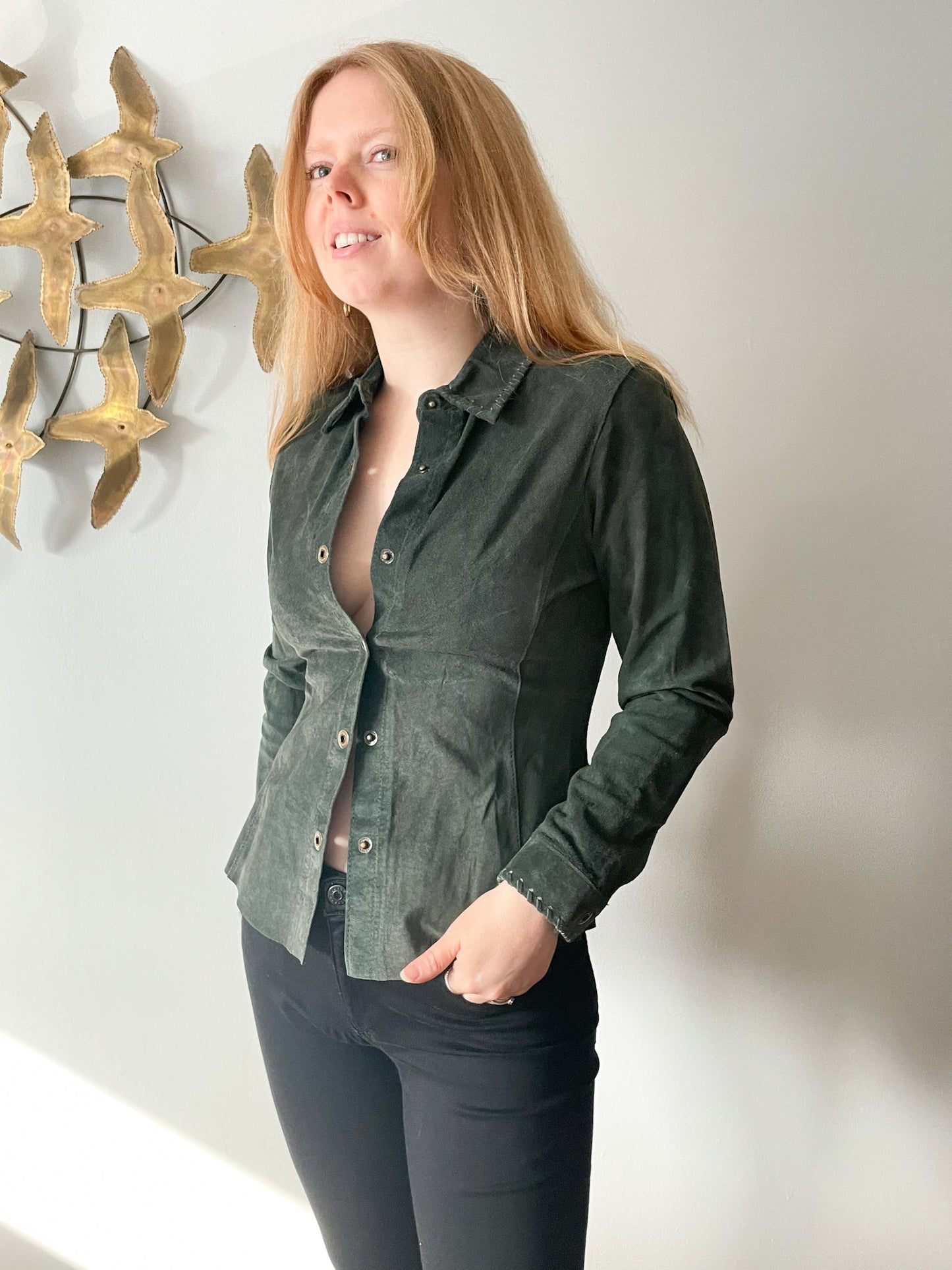 Cabi Olive Green Genuine Suede Leather Button Down Shirt Jacket NWT - XS