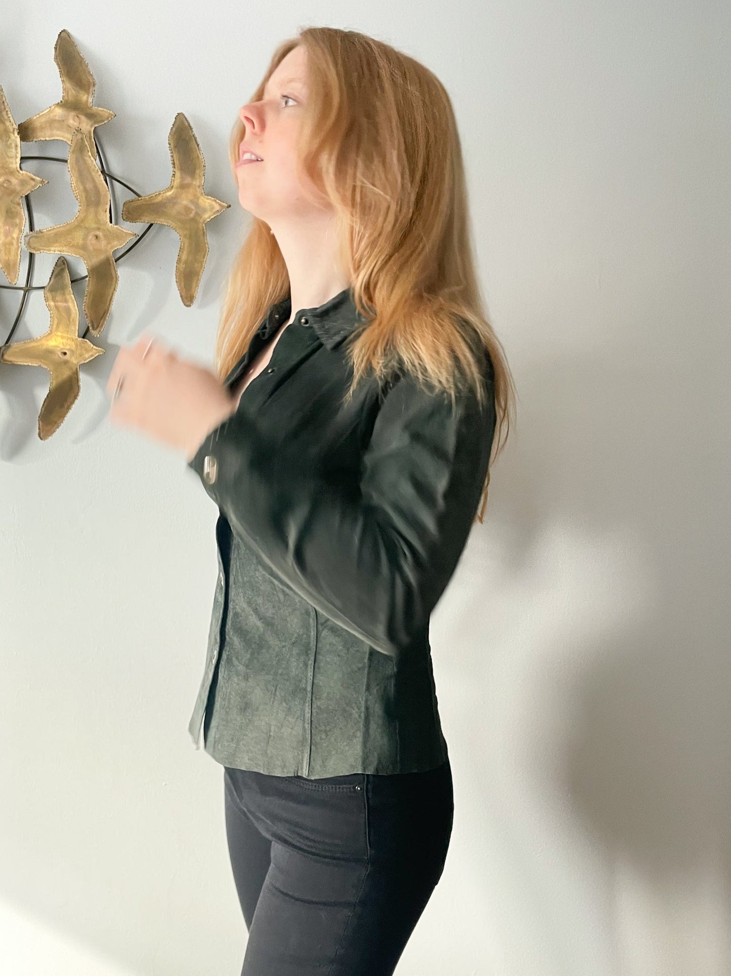 Cabi Olive Green Genuine Suede Leather Button Down Shirt Jacket NWT - XS