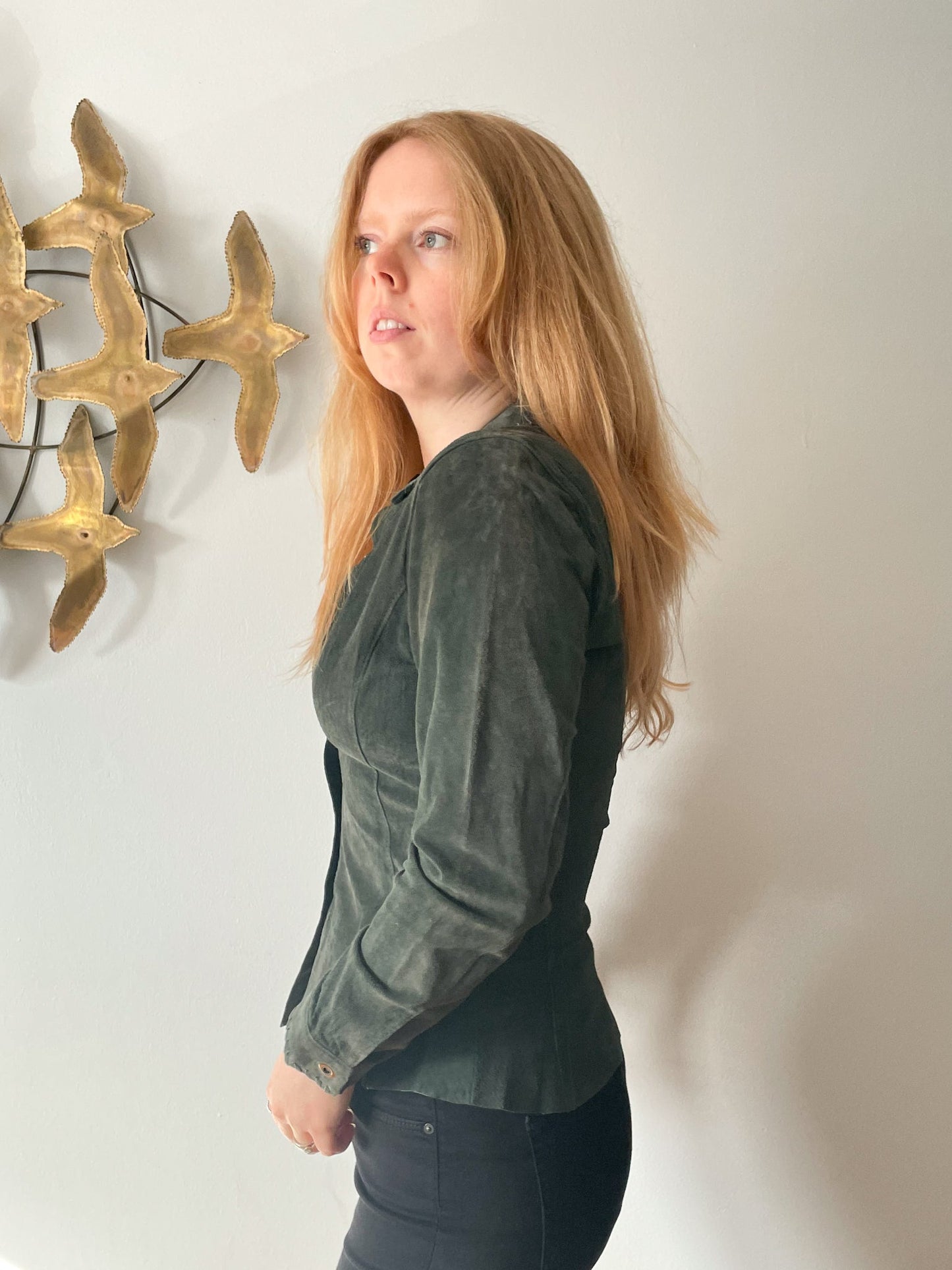Cabi Olive Green Genuine Suede Leather Button Down Shirt Jacket NWT - XS