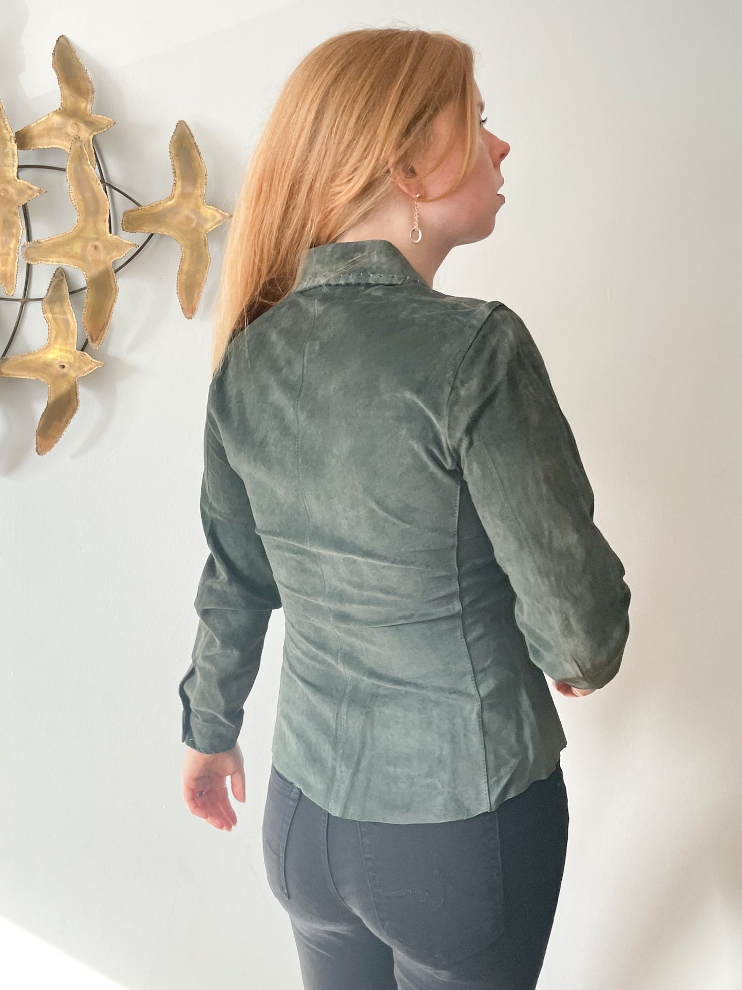 Cabi Olive Green Genuine Suede Leather Button Down Shirt Jacket NWT - XS