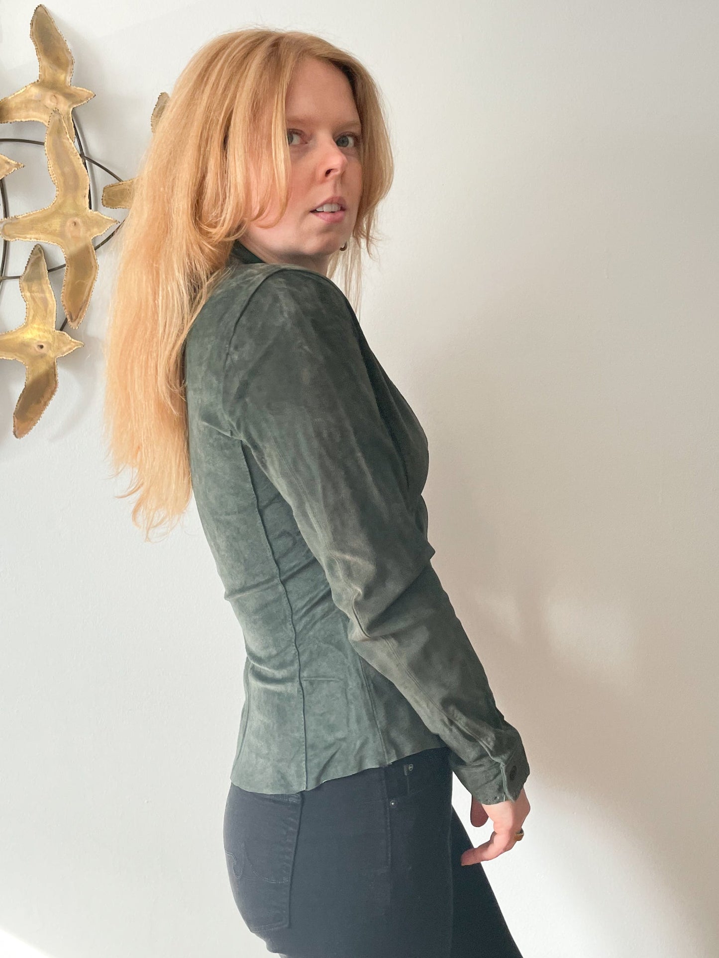 Cabi Olive Green Genuine Suede Leather Button Down Shirt Jacket NWT - XS