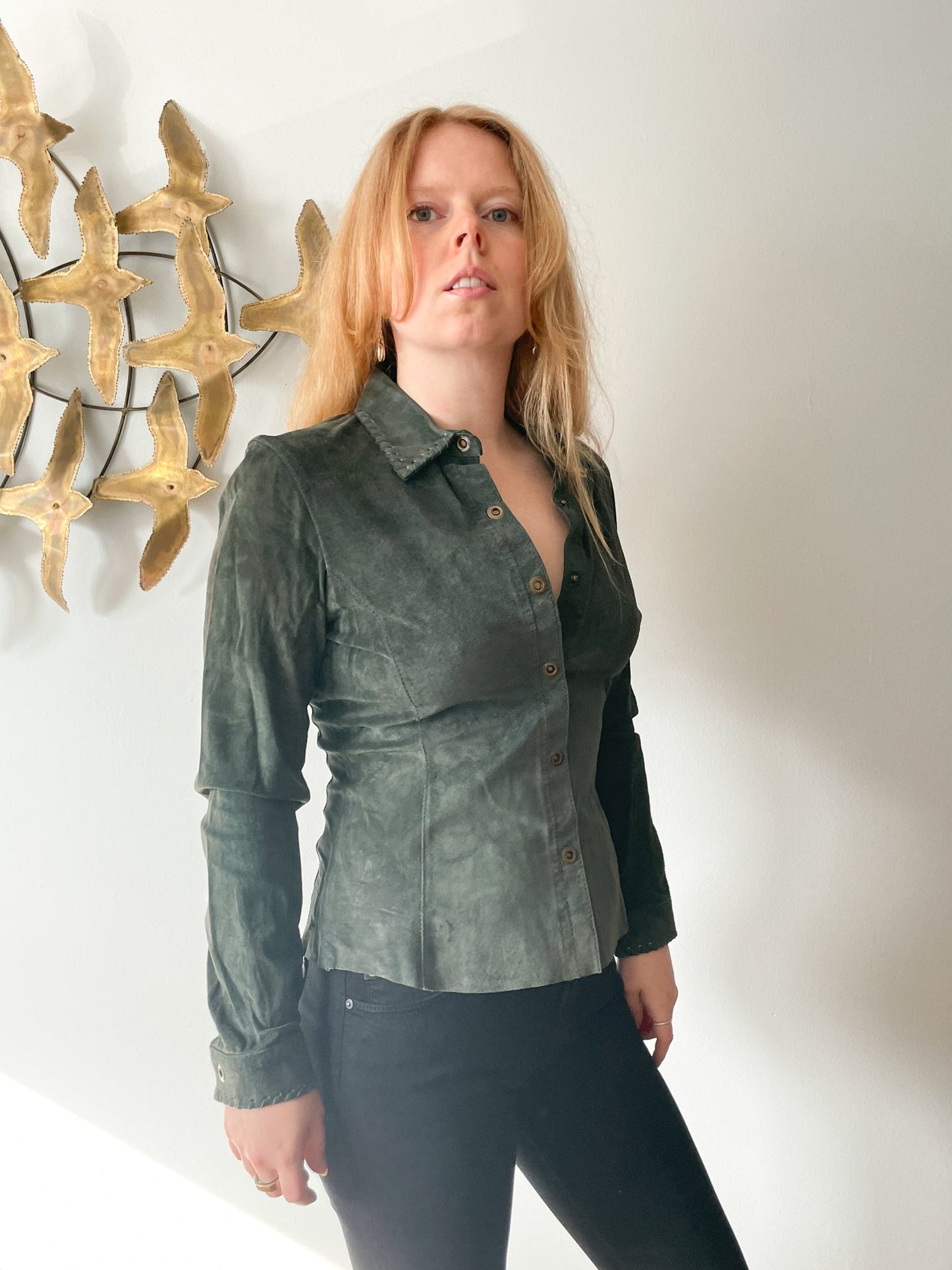 Cabi Olive Green Genuine Suede Leather Button Down Shirt NWT - XS