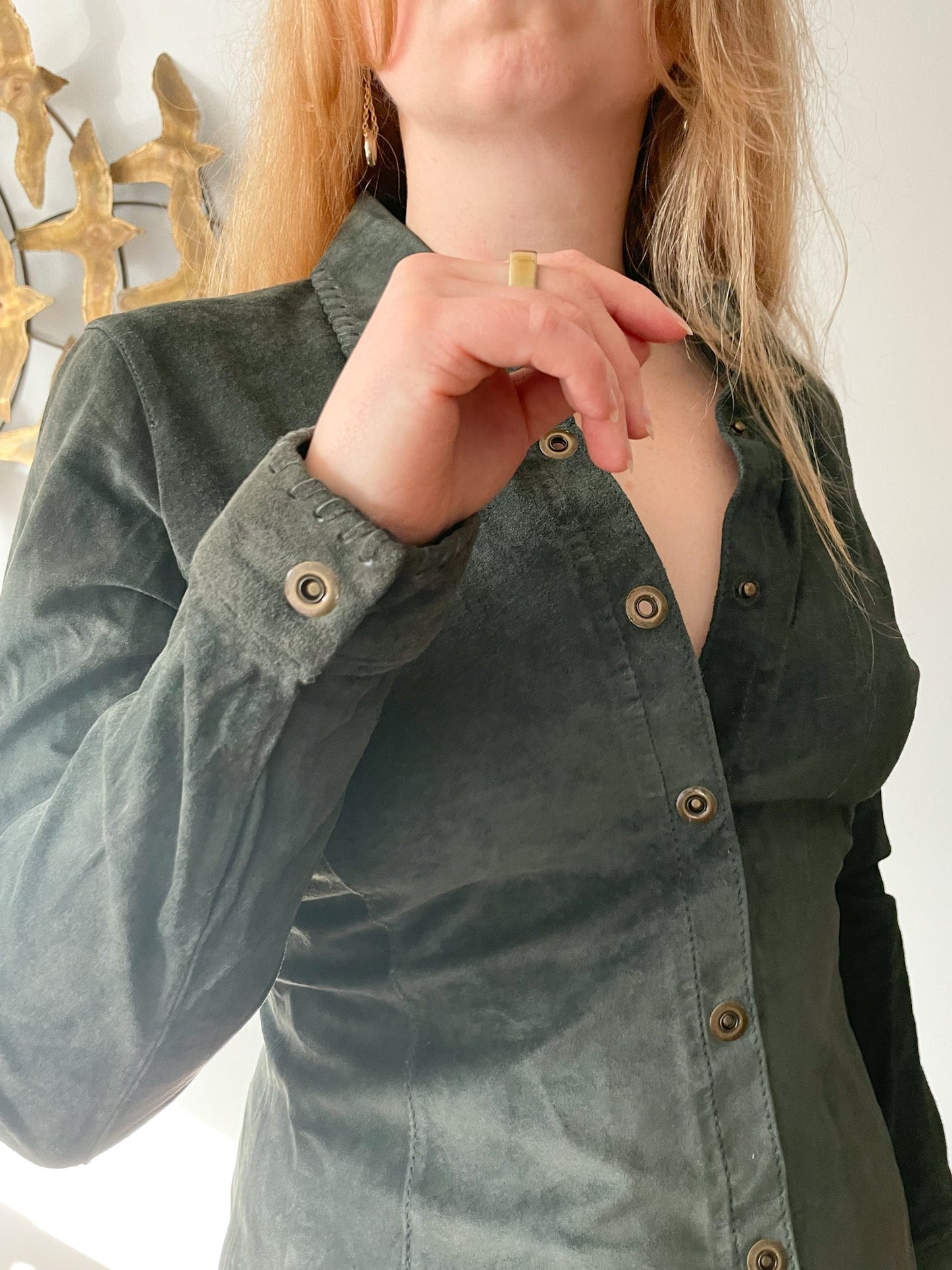Cabi Olive Green Genuine Suede Leather Button Down Shirt Jacket NWT - XS