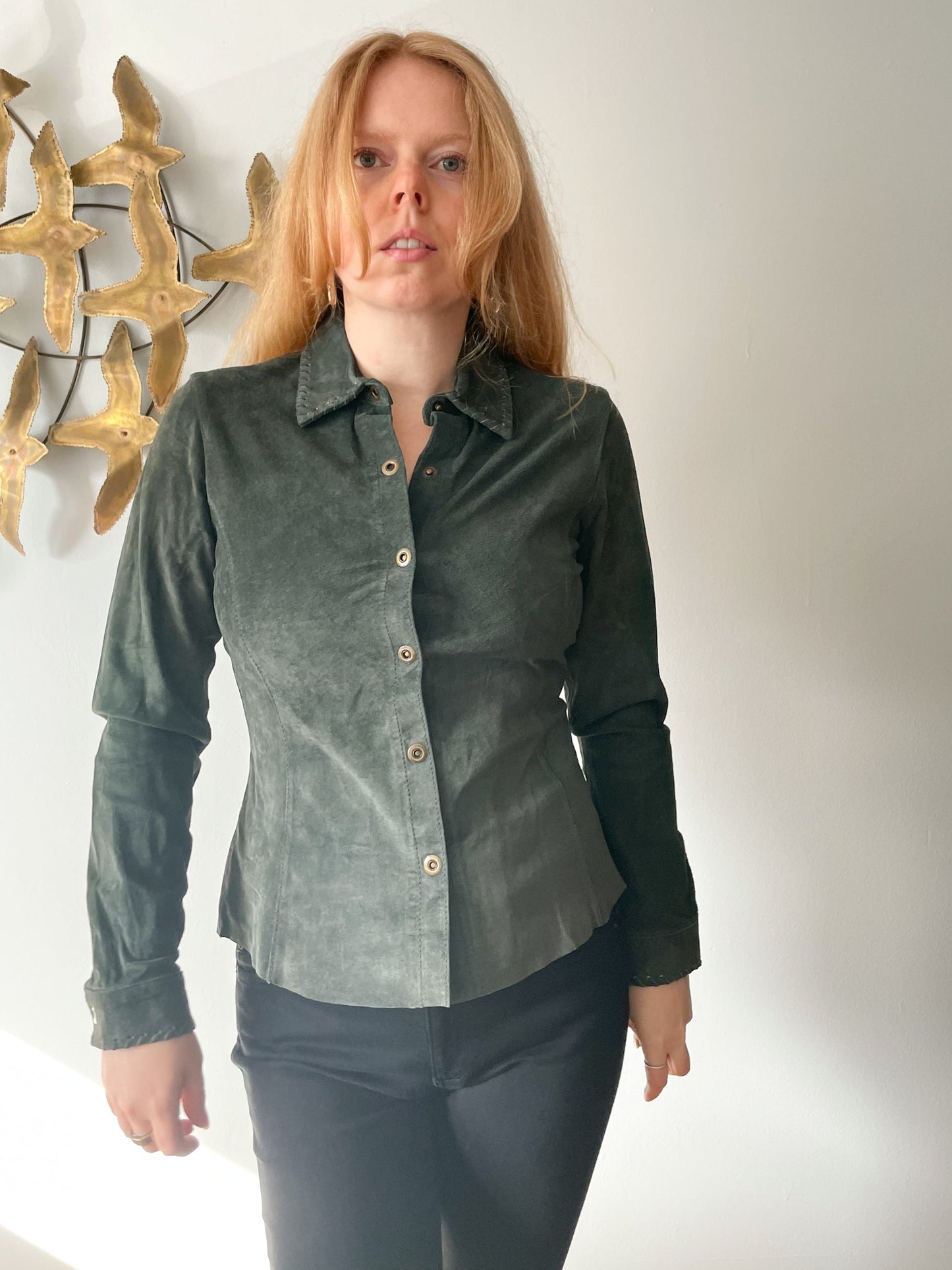 Cabi Olive Green Genuine Suede Leather Button Down Shirt Jacket NWT - XS