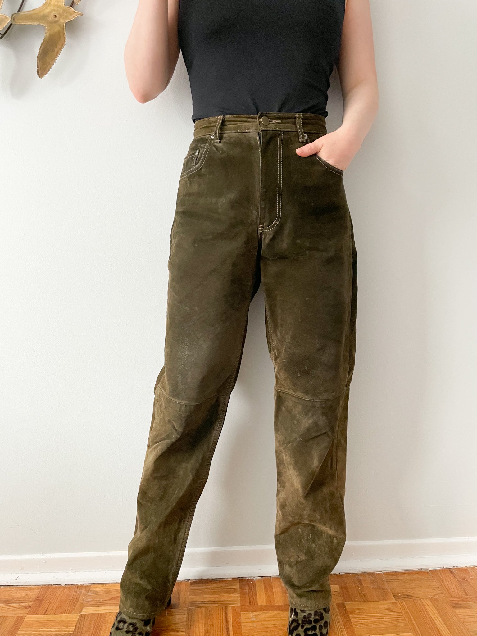 Per Suede Olive Green Genuine Suede Leather High Rise Barrel Pants