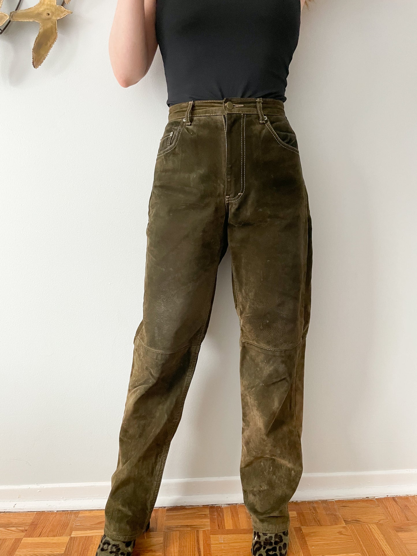 Per Suede Olive Green Genuine Suede Leather High Rise Barrel Pants - Size 28
