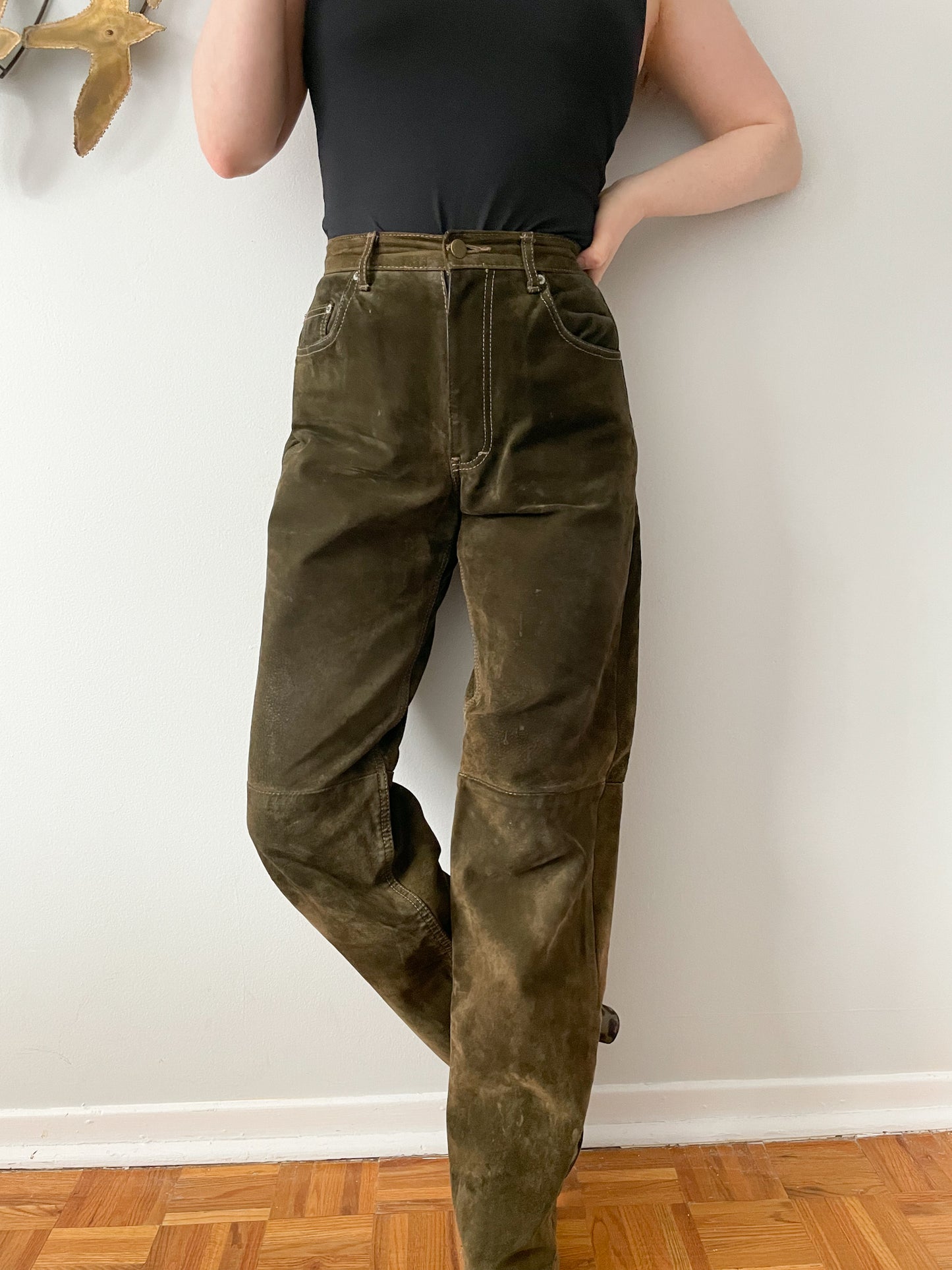 Per Suede Olive Green Genuine Suede Leather High Rise Barrel Pants - Size 28