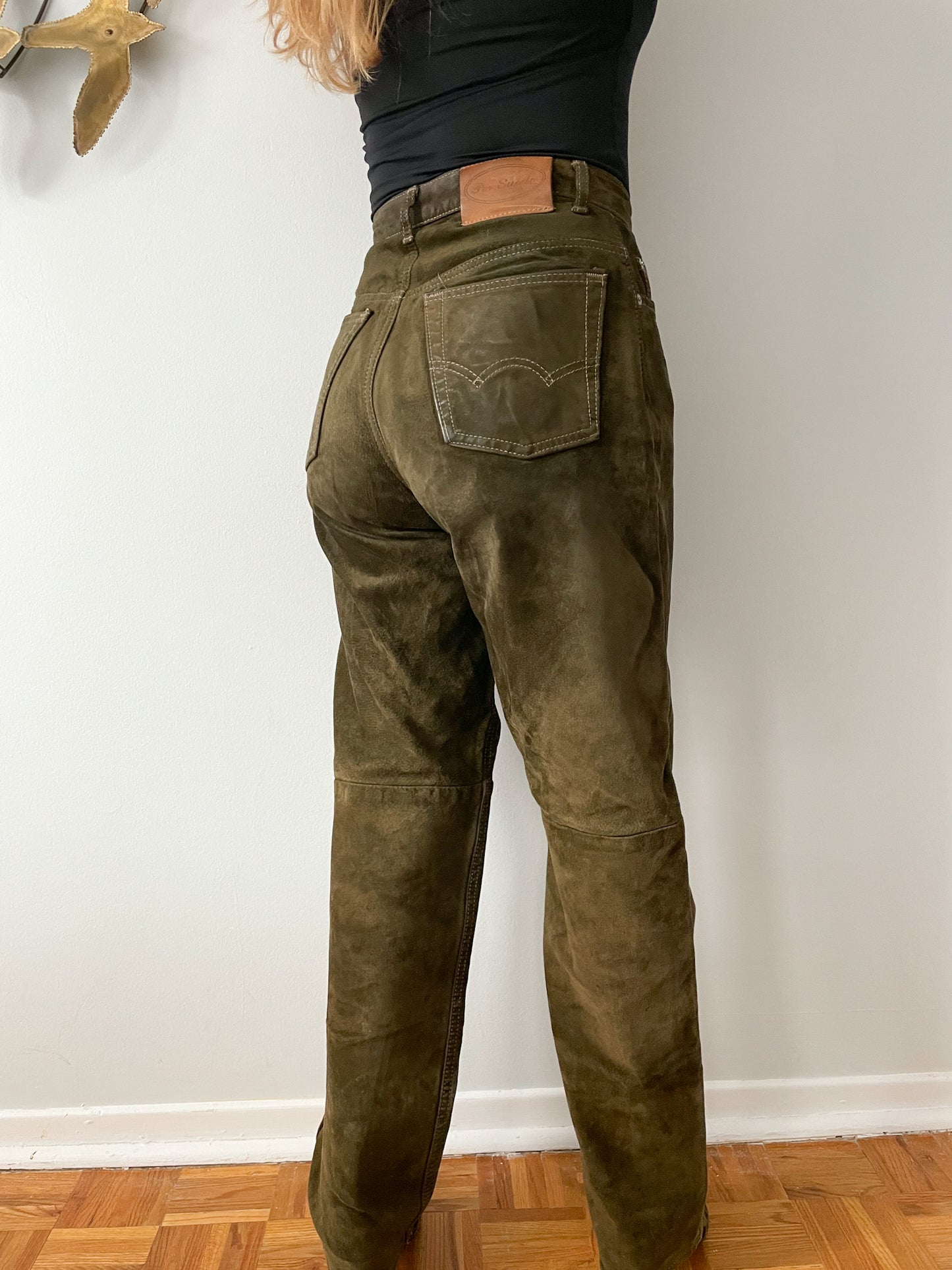 Per Suede Olive Green Genuine Suede Leather High Rise Barrel Pants - Size 28
