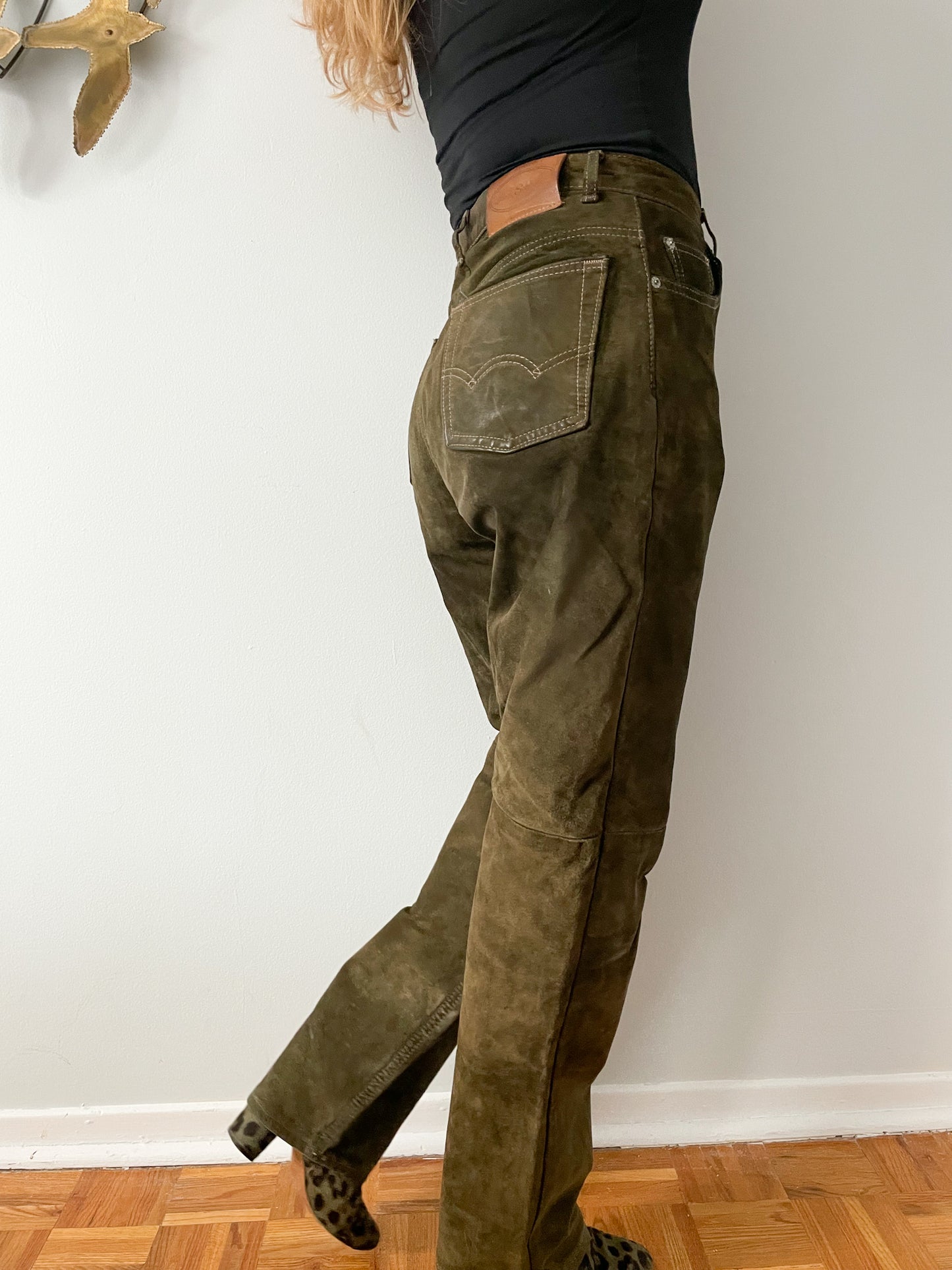 Per Suede Olive Green Genuine Suede Leather High Rise Barrel Pants - Size 28