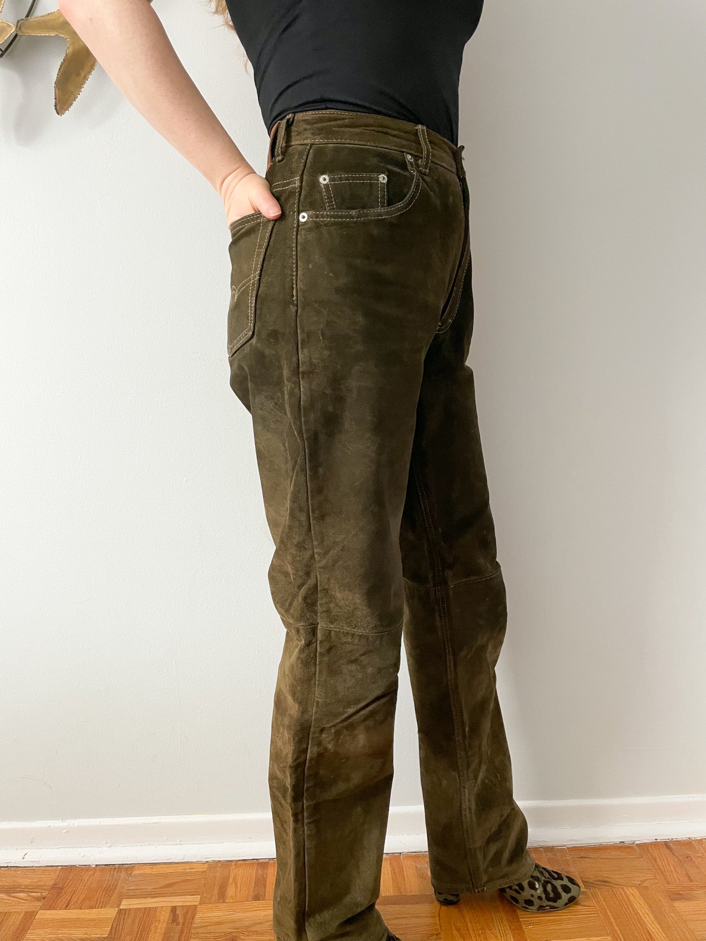 Per Suede Olive Green Genuine Suede Leather High Rise Barrel Pants - Size 28