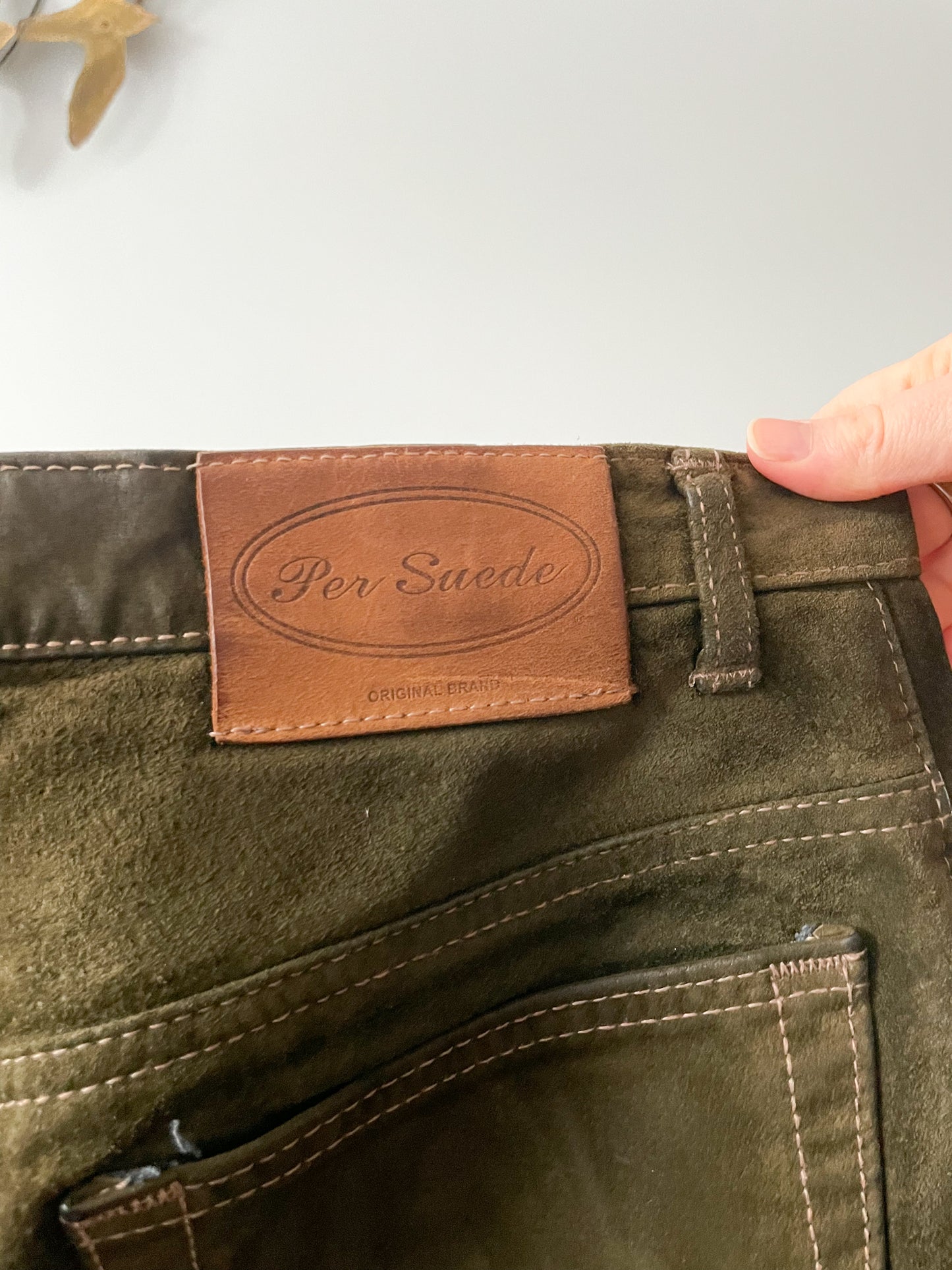 Per Suede Olive Green Genuine Suede Leather High Rise Barrel Pants - Size 28