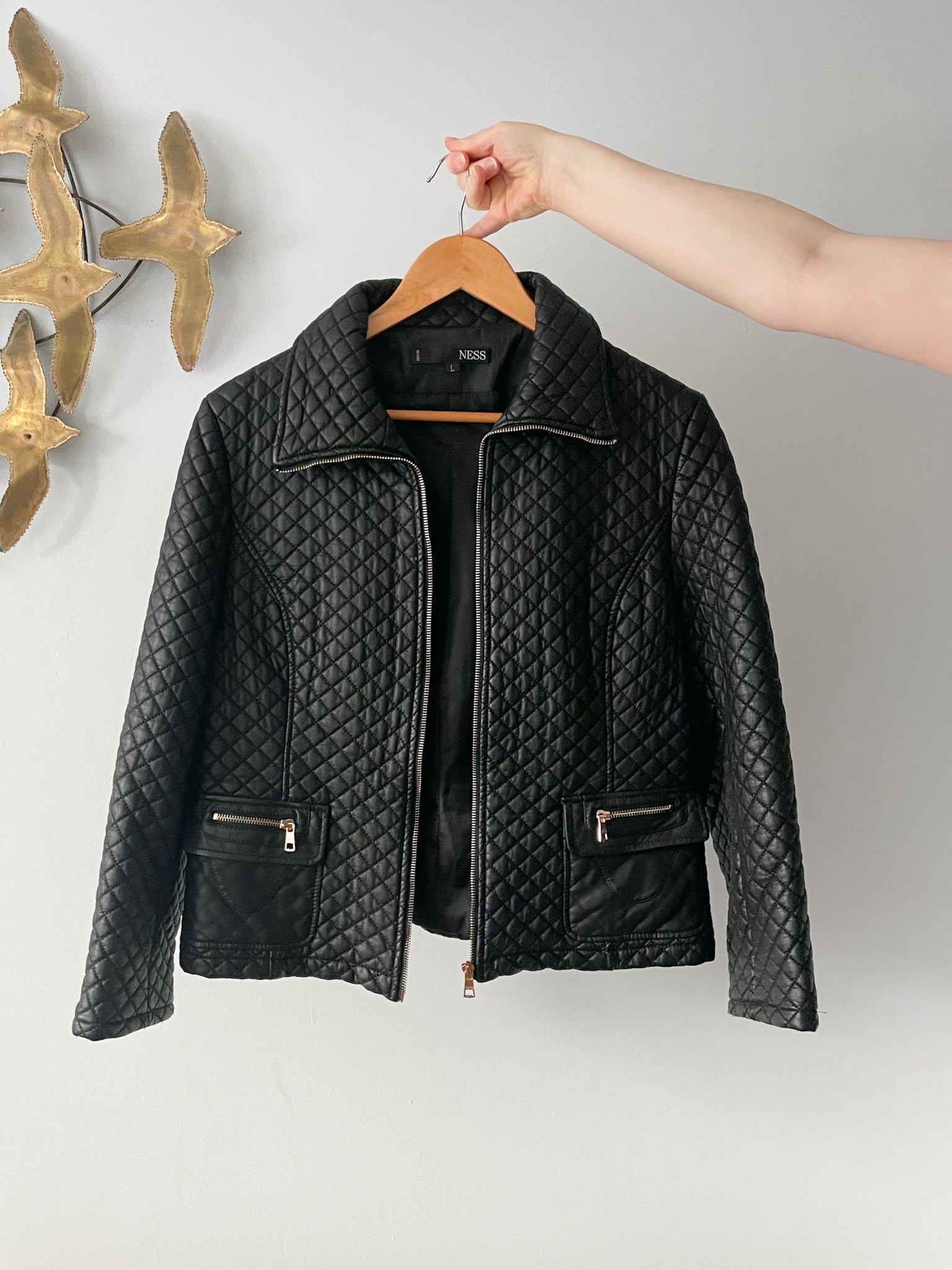 NESS Black Quilted Rose Gold Zipper Jacket Large Le Prix