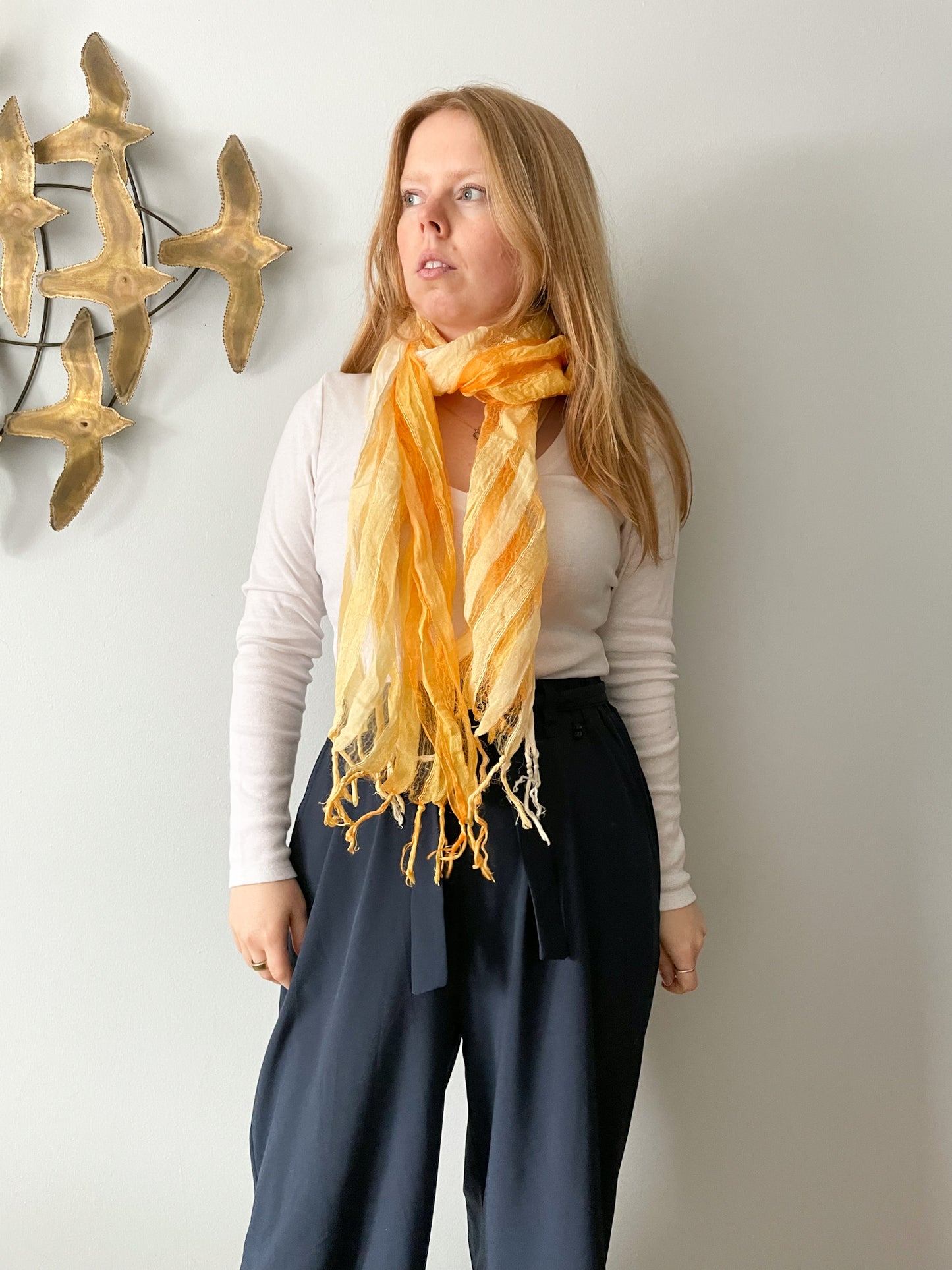 Ombre Yellow Orange Sheer Stripe Fringe Scarf Cover Up