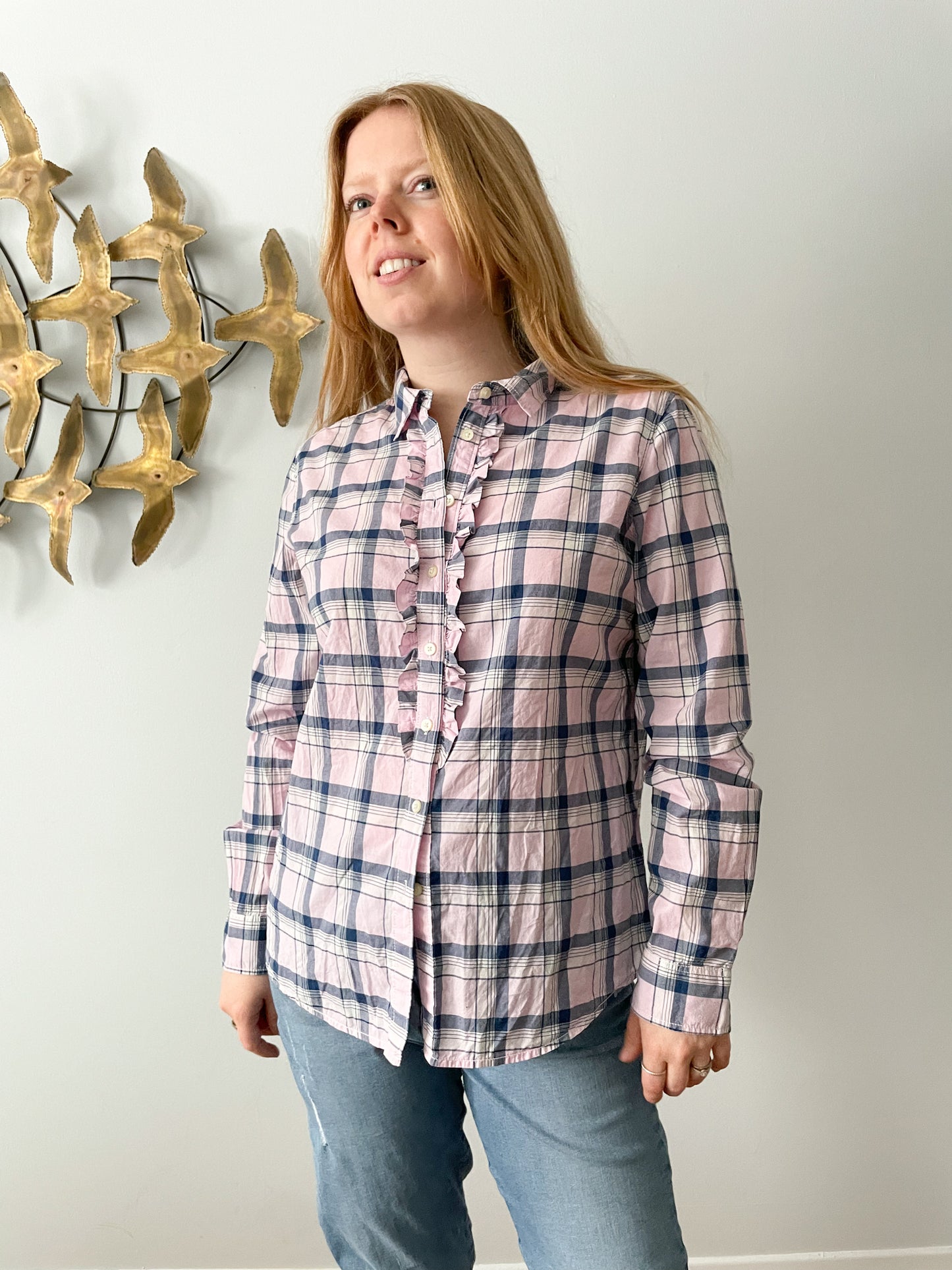 Pink Blue Plaid Ruffle Front Button Down Oxford Shirt - Large