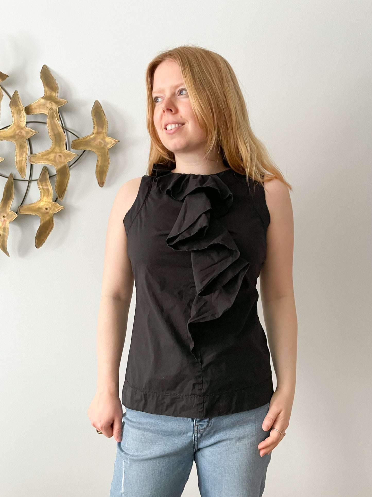 Diane Von Furstenberg Charcoal Cotton Stretch Ruffle Sleeveless Top - Size 4
