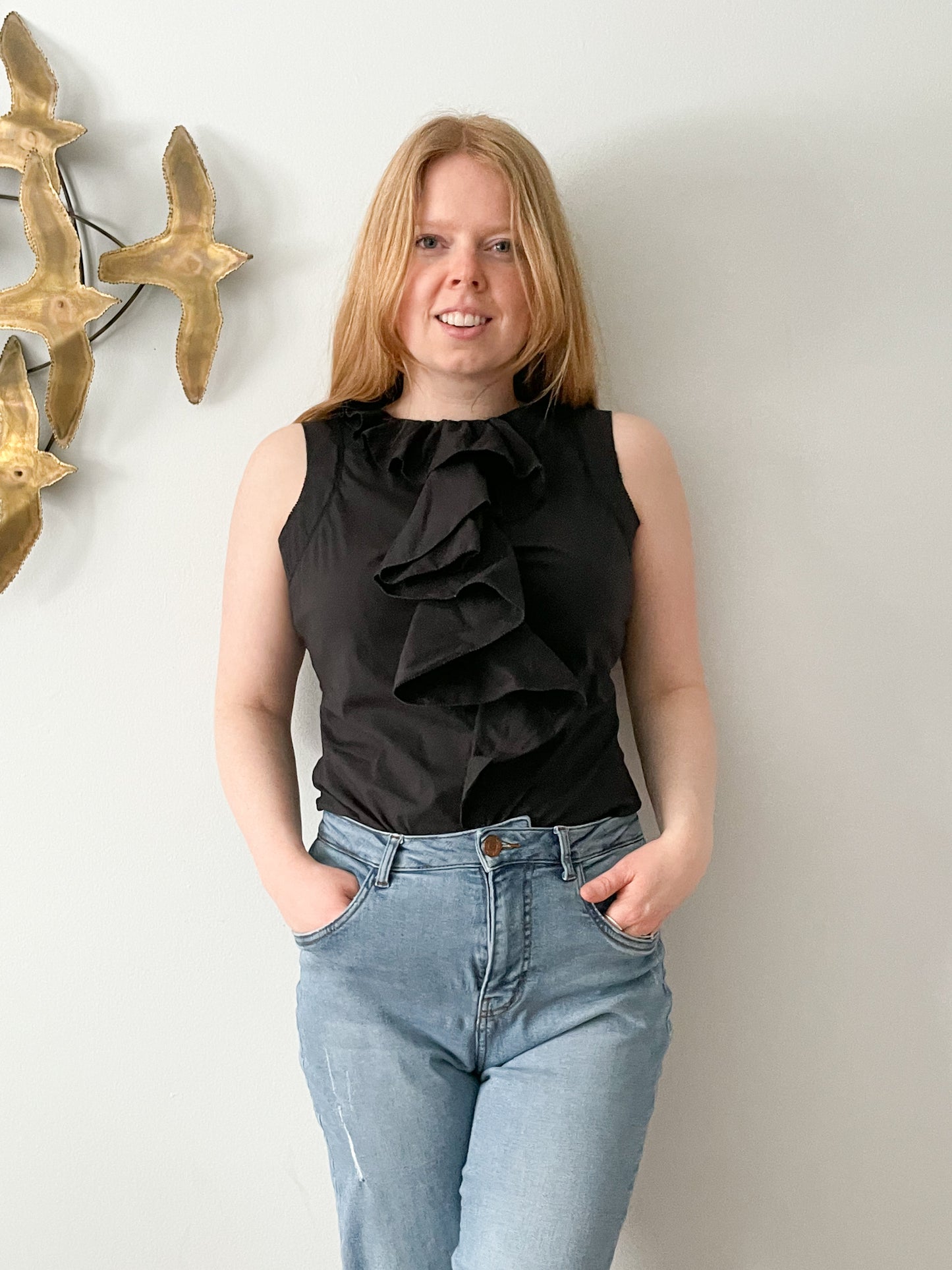 Diane Von Furstenberg Charcoal Cotton Stretch Ruffle Sleeveless Top - Size 4