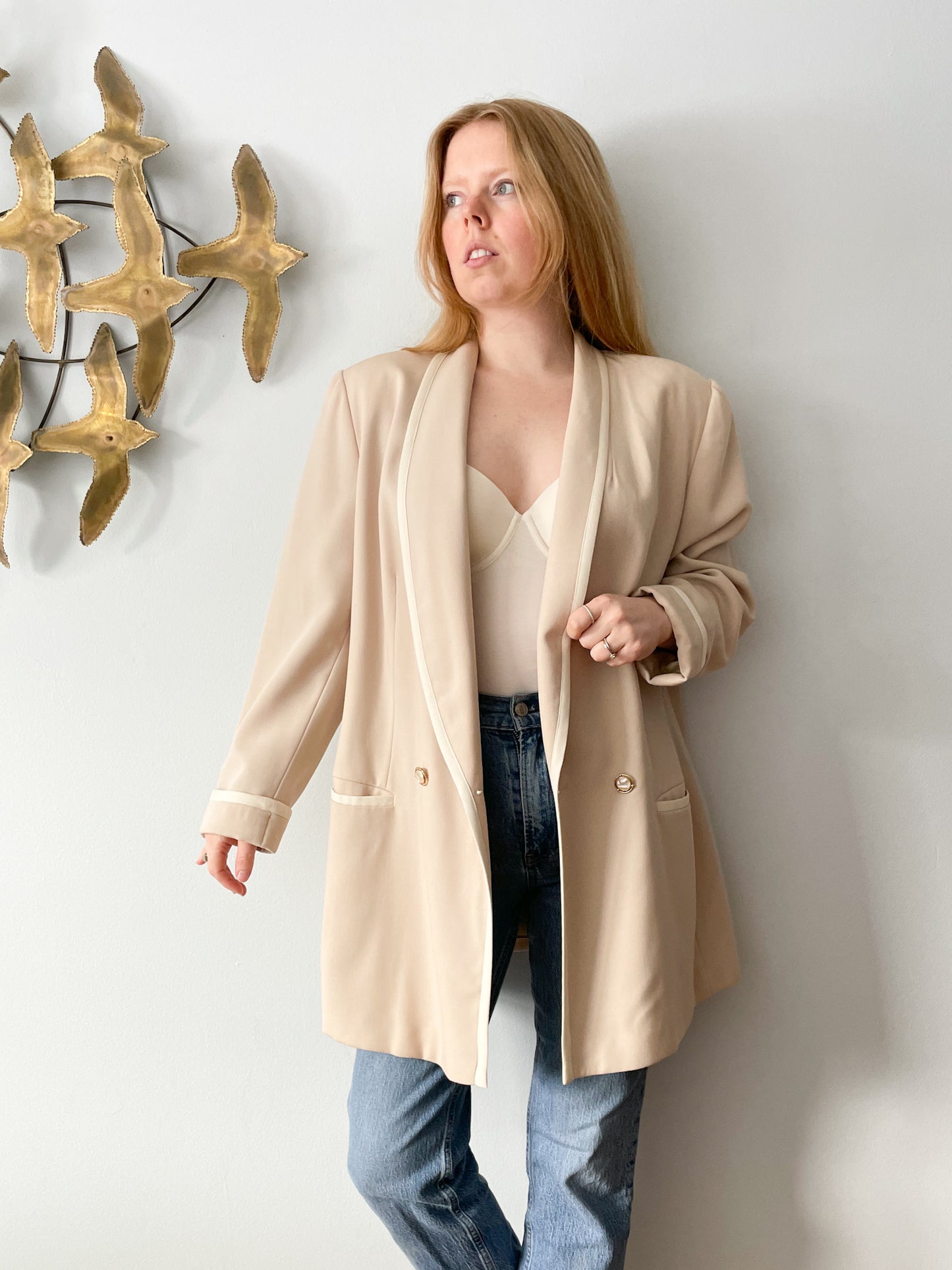 Vintage Peter Nygard 100% Wool Long Beige Blazer  - Size 16