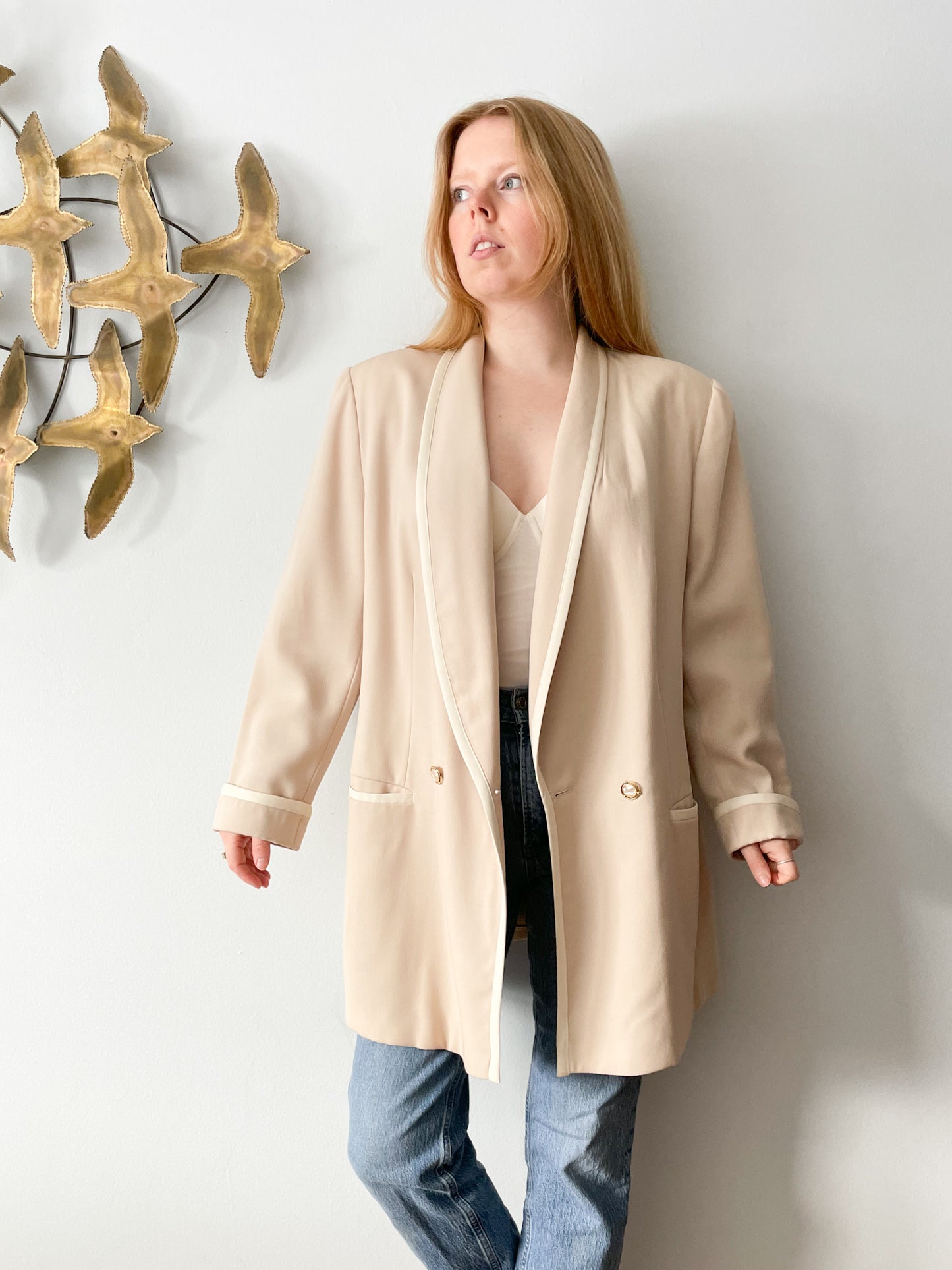 Vintage Peter Nygard 100% Wool Long Beige Blazer  - Size 16