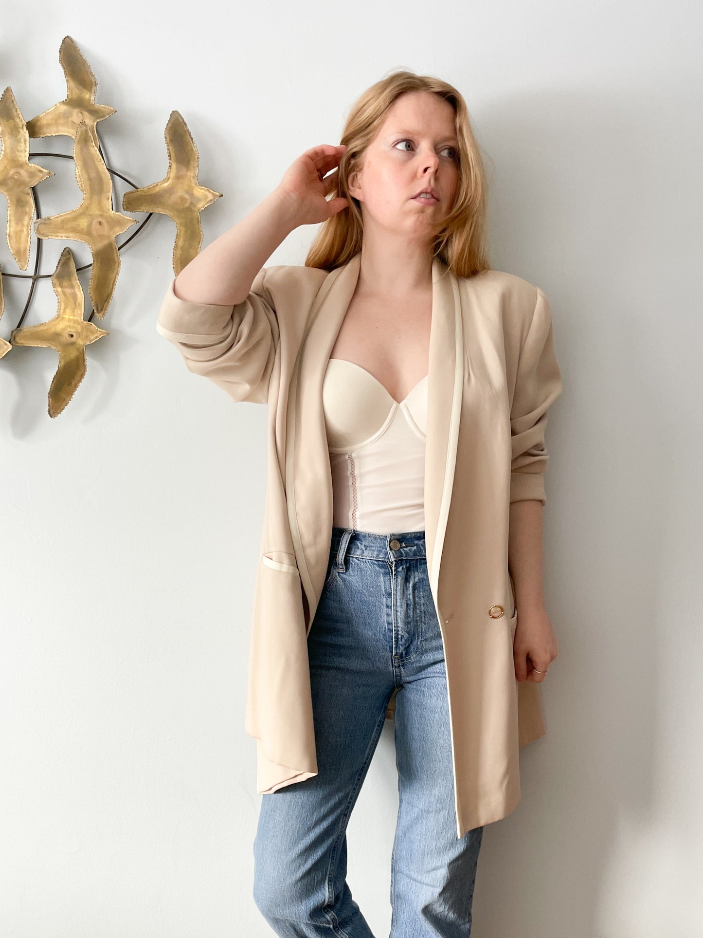 Vintage Peter Nygard 100% Wool Long Beige Blazer  - Size 16