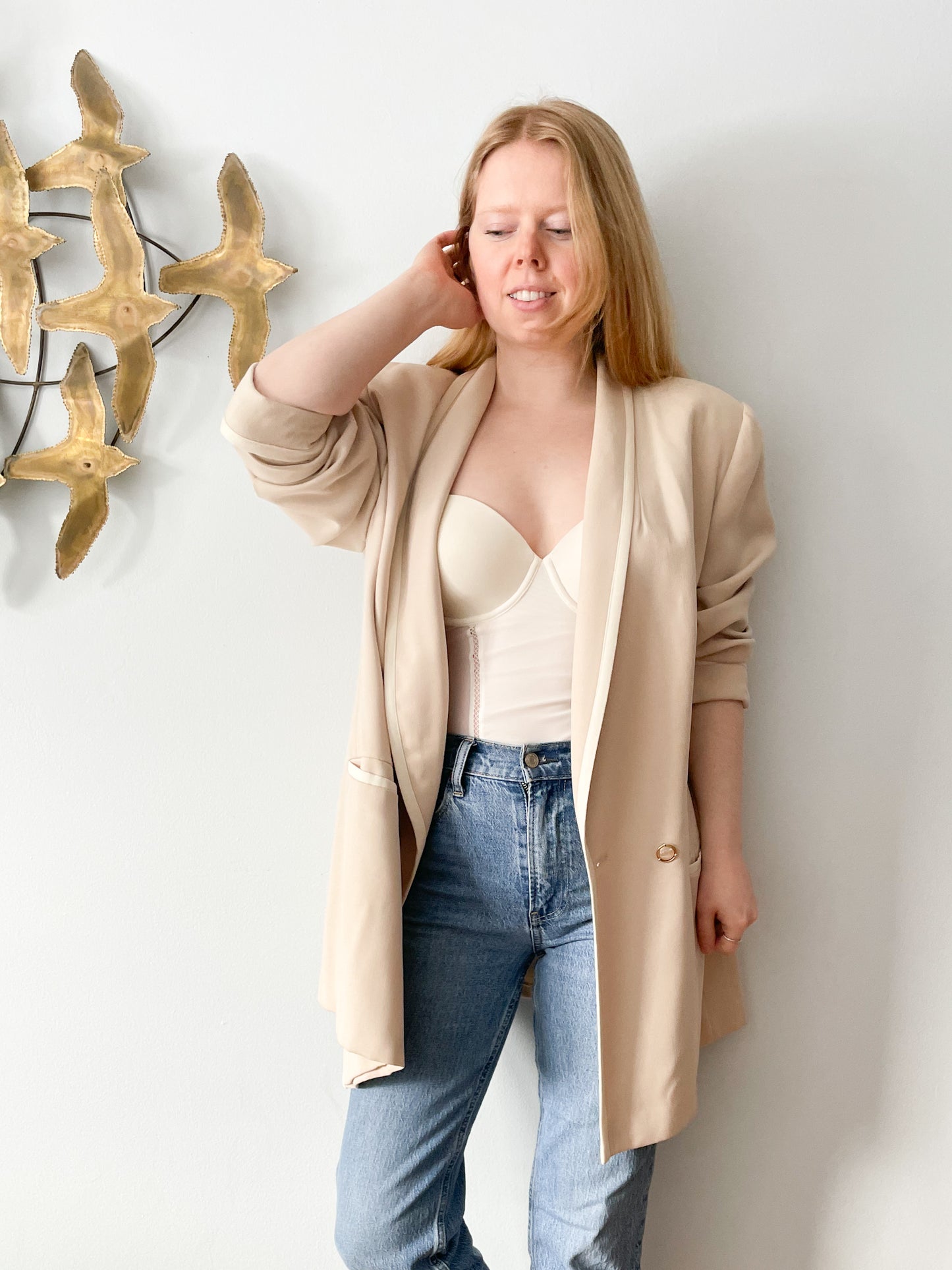 Vintage Peter Nygard 100% Wool Long Beige Blazer  - Size 16